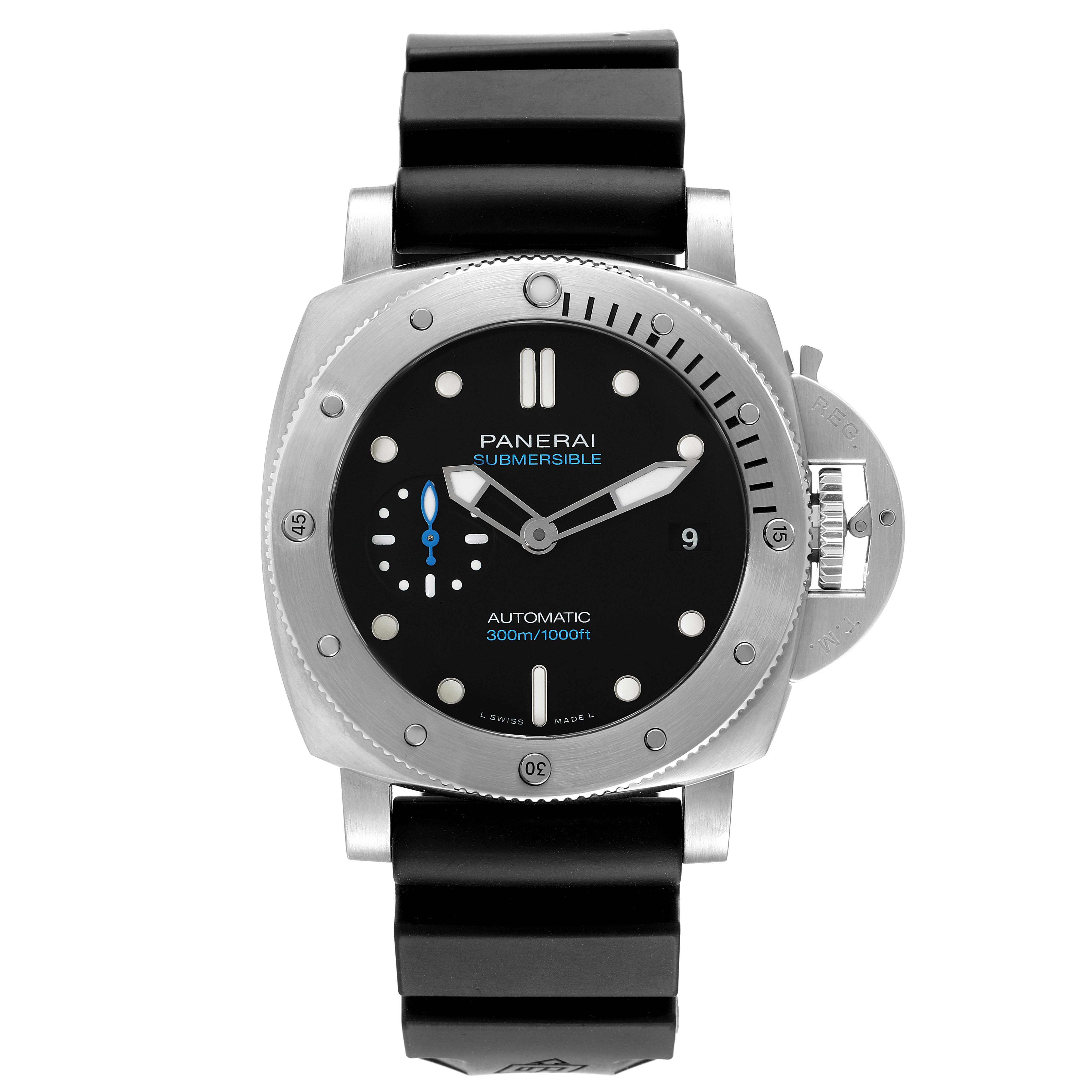 The image shows a front view of the Panerai Submersible PAM00973 Men
s Stainless Steel Black Dial PAM00973 Men
s Stainless Steel Black Dial watch, highlighting its dial, markers, hands, bezel, and strap.