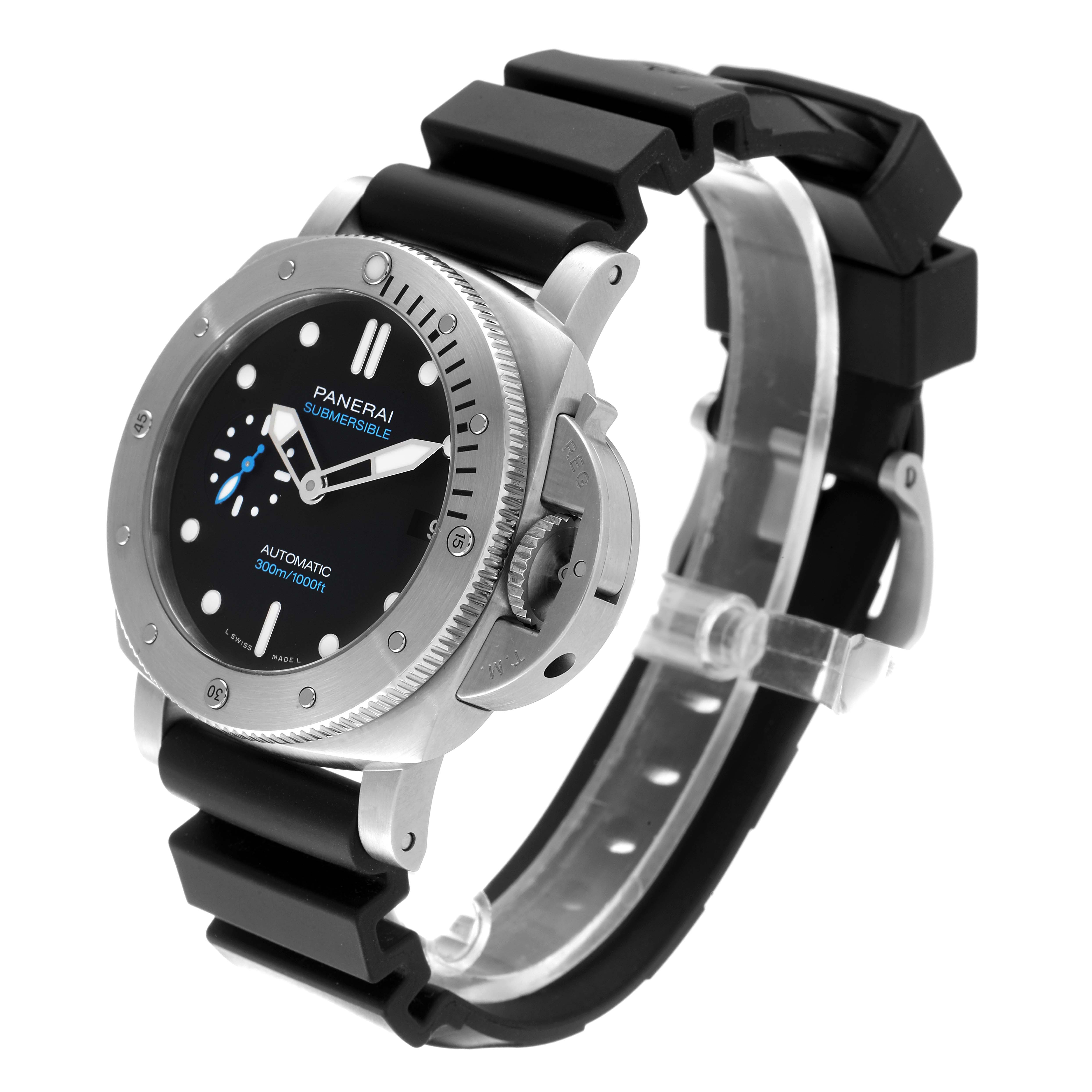 The image shows a Panerai Submersible PAM00973 Men
s Stainless Steel Black Dial PAM00973 Men
s Stainless Steel Black Dial watch at a three-quarter angle, highlighting the dial, bezel, and strap.