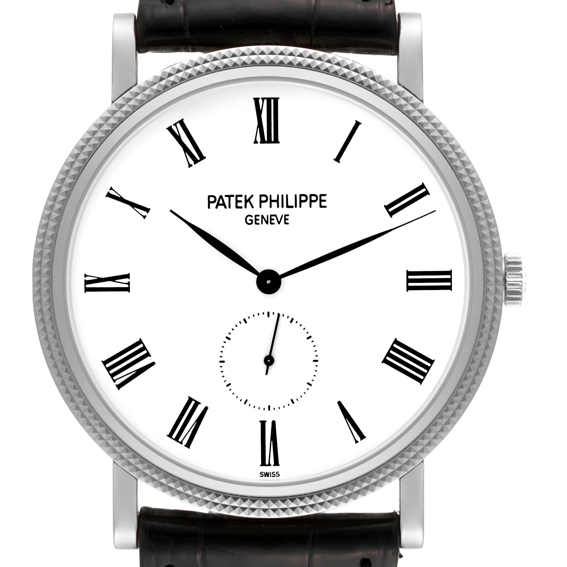 The image displays a front view of a Patek Philippe Calatrava 5119G Men's Yellow Gold White Dial 5119G Men's Yellow Gold White Dial watch, showing the dial with Roman numerals, hands, and a sub-dial.