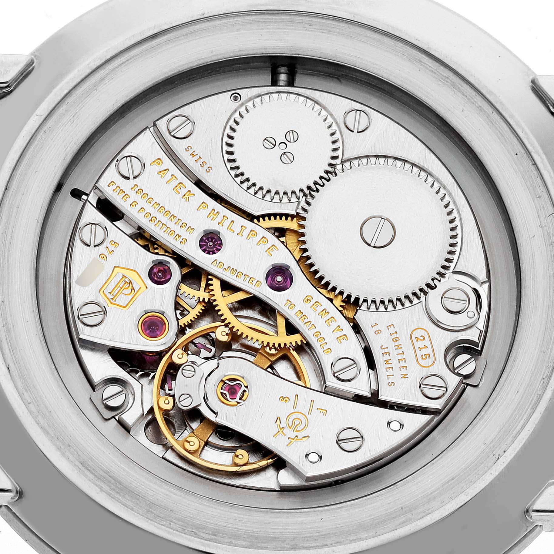 This is a close-up view of the movement and internal mechanics of a Patek Philippe Calatrava 5119G Men's Yellow Gold White Dial 5119G Men's Yellow Gold White Dial watch.
