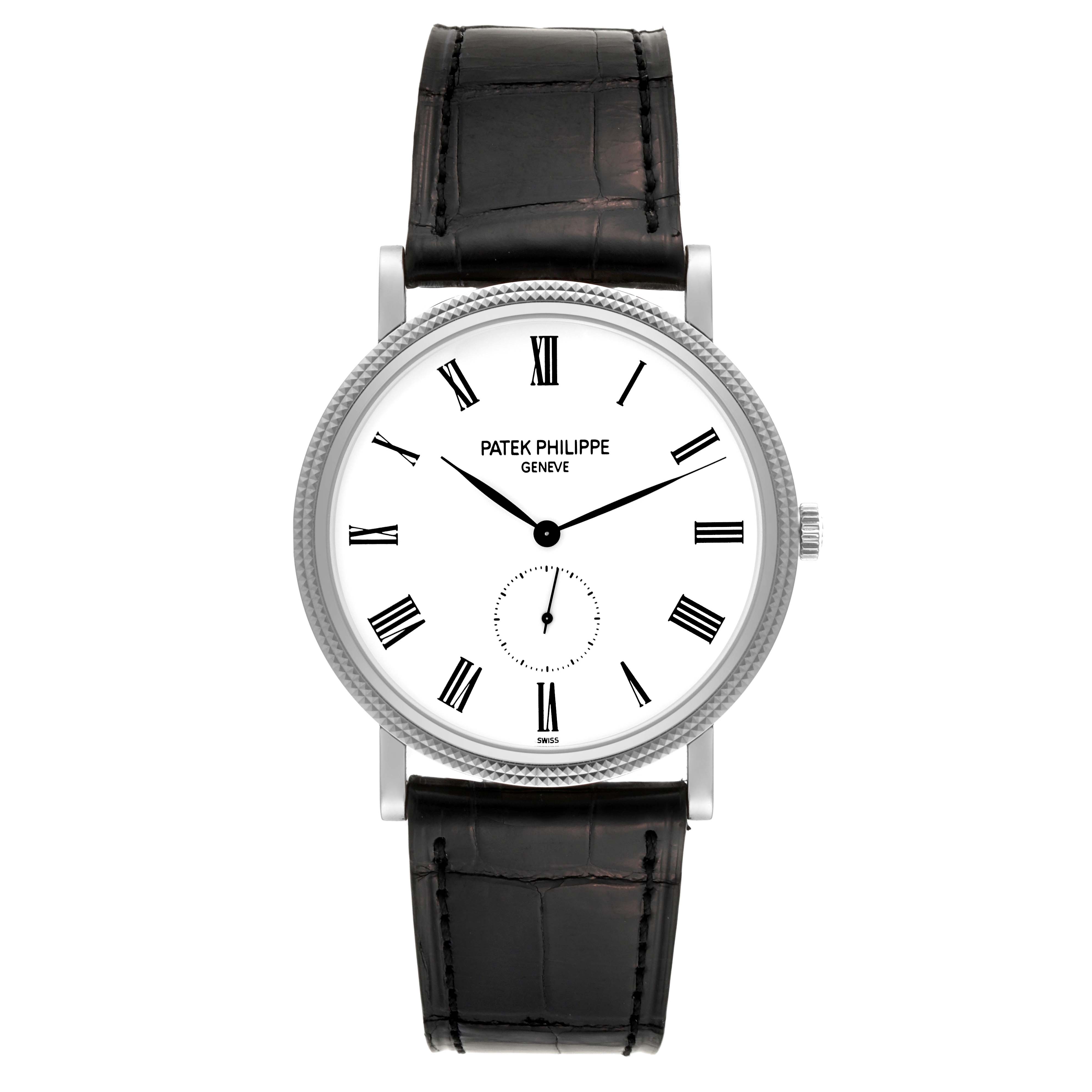 The image shows a front view of a Patek Philippe Calatrava 5119G Men's Yellow Gold White Dial 5119G Men's Yellow Gold White Dial watch with a white dial and black leather strap.