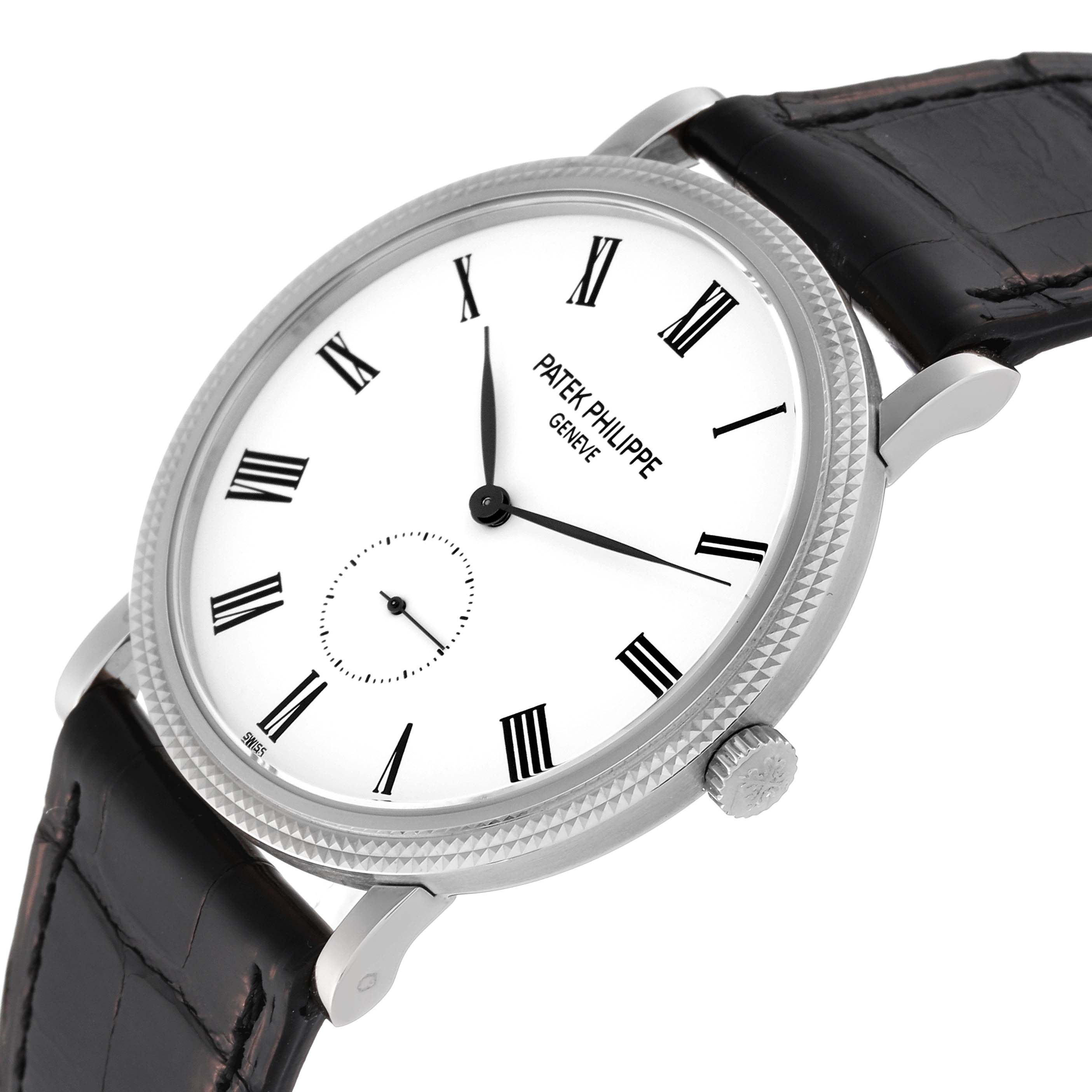 This image shows a Patek Philippe Calatrava 5119G Men's Yellow Gold White Dial 5119G Men's Yellow Gold White Dial watch, close-up of the face, bezel, crown, and leather strap at an angled view.