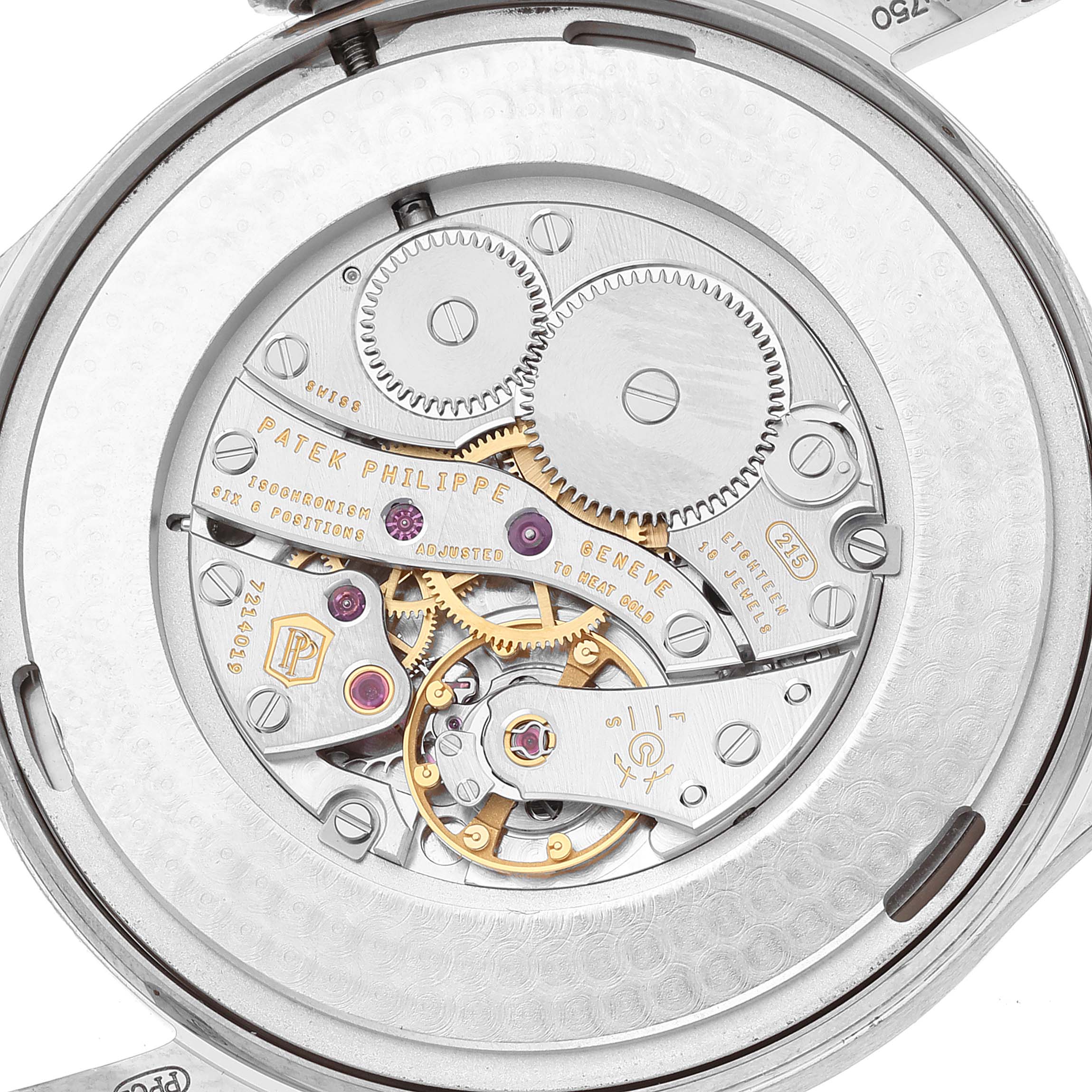 The image shows a close-up view of the movement and inner mechanisms of a Patek Philippe Calatrava 5196G Men's White Gold Silver Dial 5196G Men's White Gold Silver Dial watch.