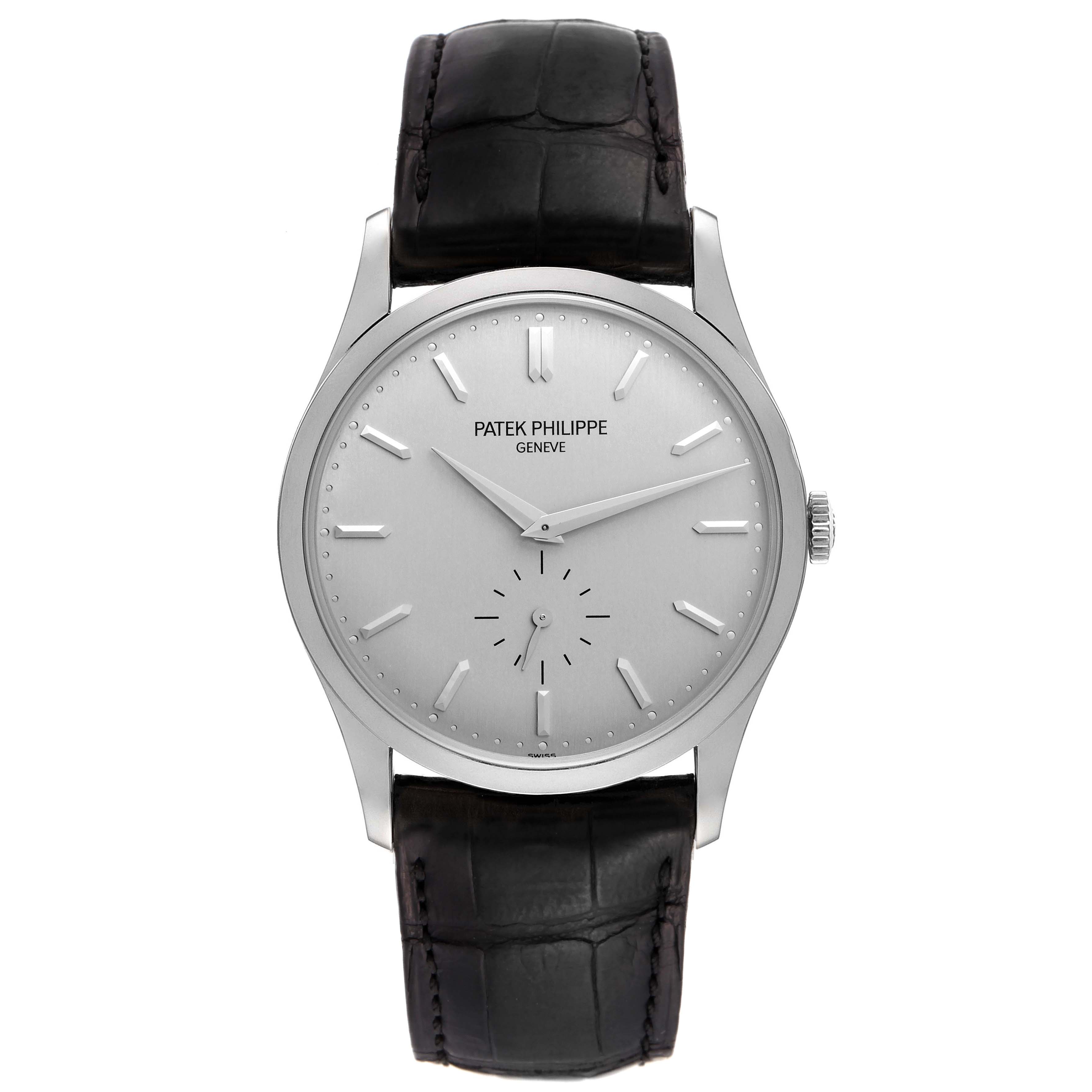 The image shows a front view of a Patek Philippe Calatrava 5196G Men's White Gold Silver Dial 5196G Men's White Gold Silver Dial watch, highlighting its face, bezel, and leather strap.