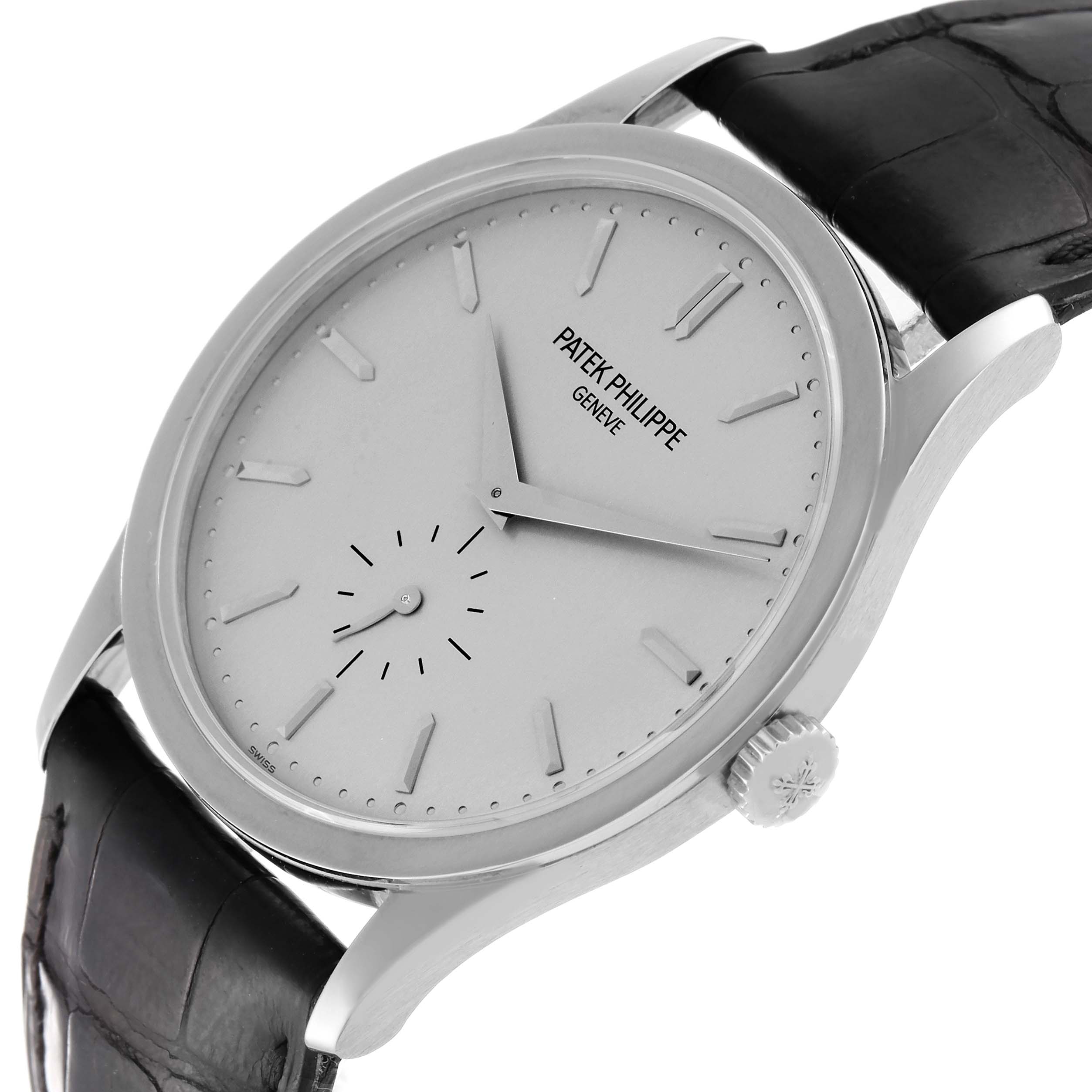 The image shows a close-up of the Patek Philippe Calatrava 5196G Men's White Gold Silver Dial 5196G Men's White Gold Silver Dial watch, highlighting the dial, hands, strap, and crown.