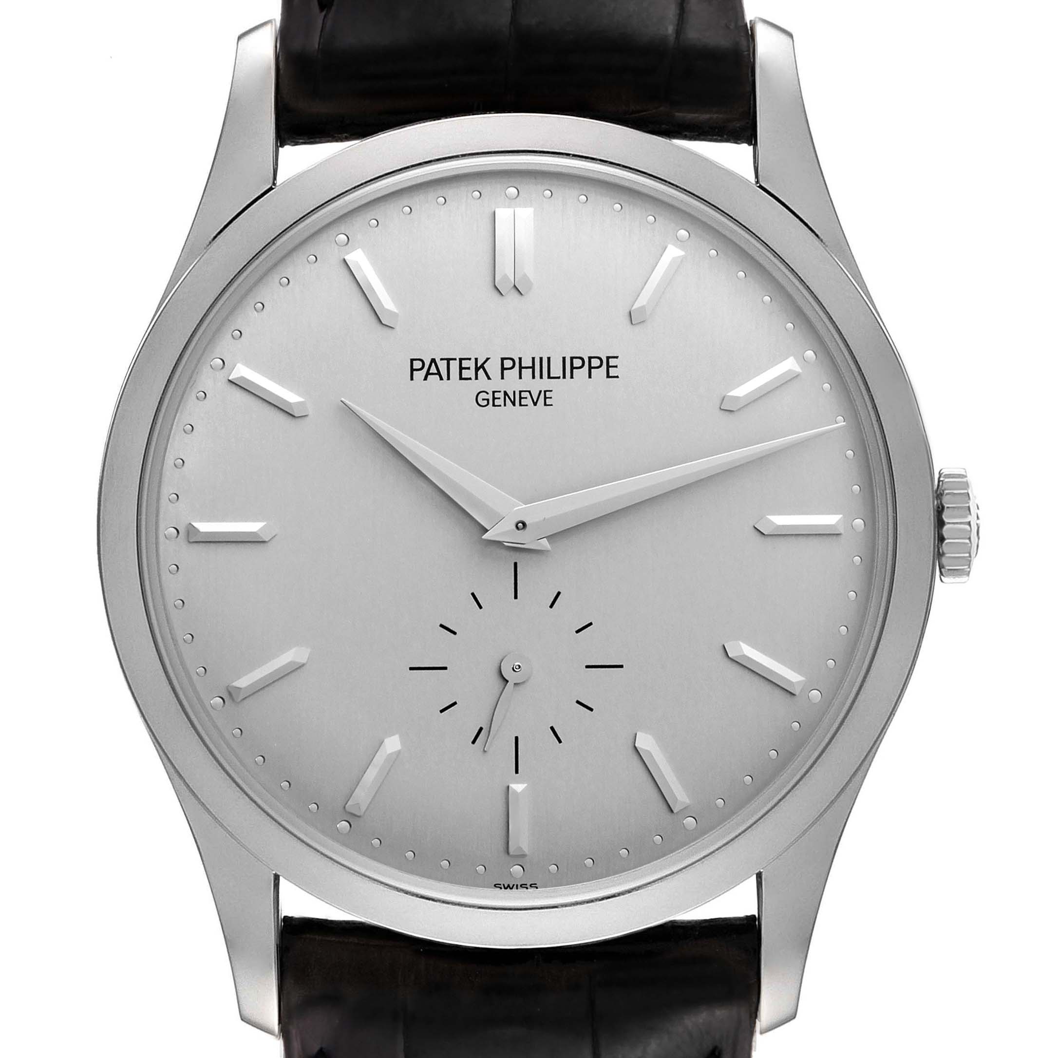 This is a front-facing view of the Patek Philippe Calatrava 5196G Men's White Gold Silver Dial 5196G Men's White Gold Silver Dial watch, showcasing its dial, hands, and crown.