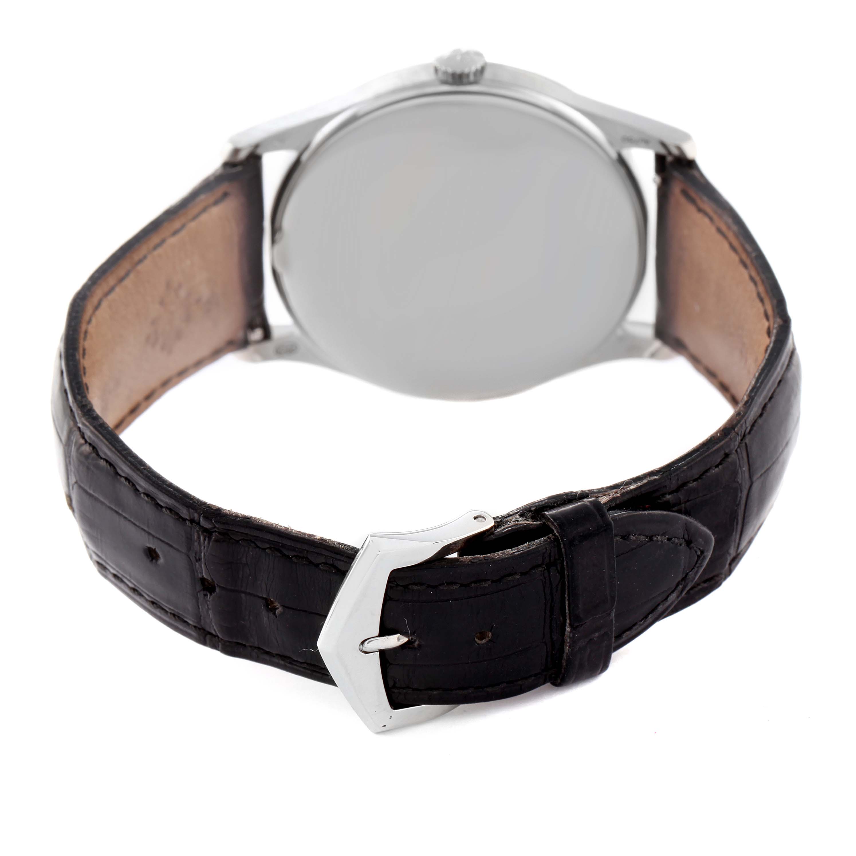 The image shows the back view of a Patek Philippe Calatrava 5196G Men's White Gold Silver Dial 5196G Men's White Gold Silver Dial watch, focusing on the leather strap and buckle.