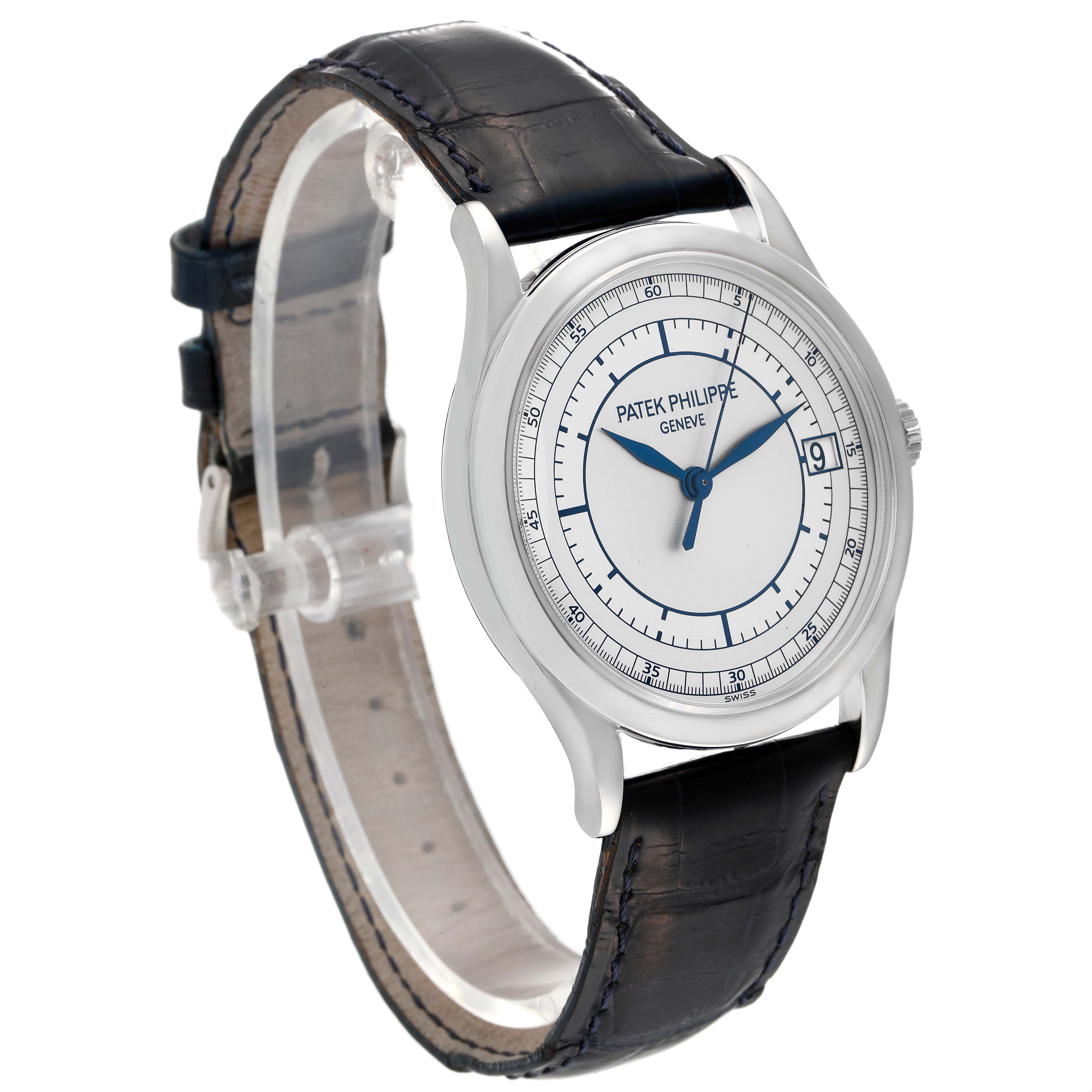 The Patek Philippe Calatrava 5296G-001 Men's White Gold Silver Dial 5296G-001 Men's White Gold Silver Dial watch is shown at a slight angle, displaying the face, case, and leather strap.