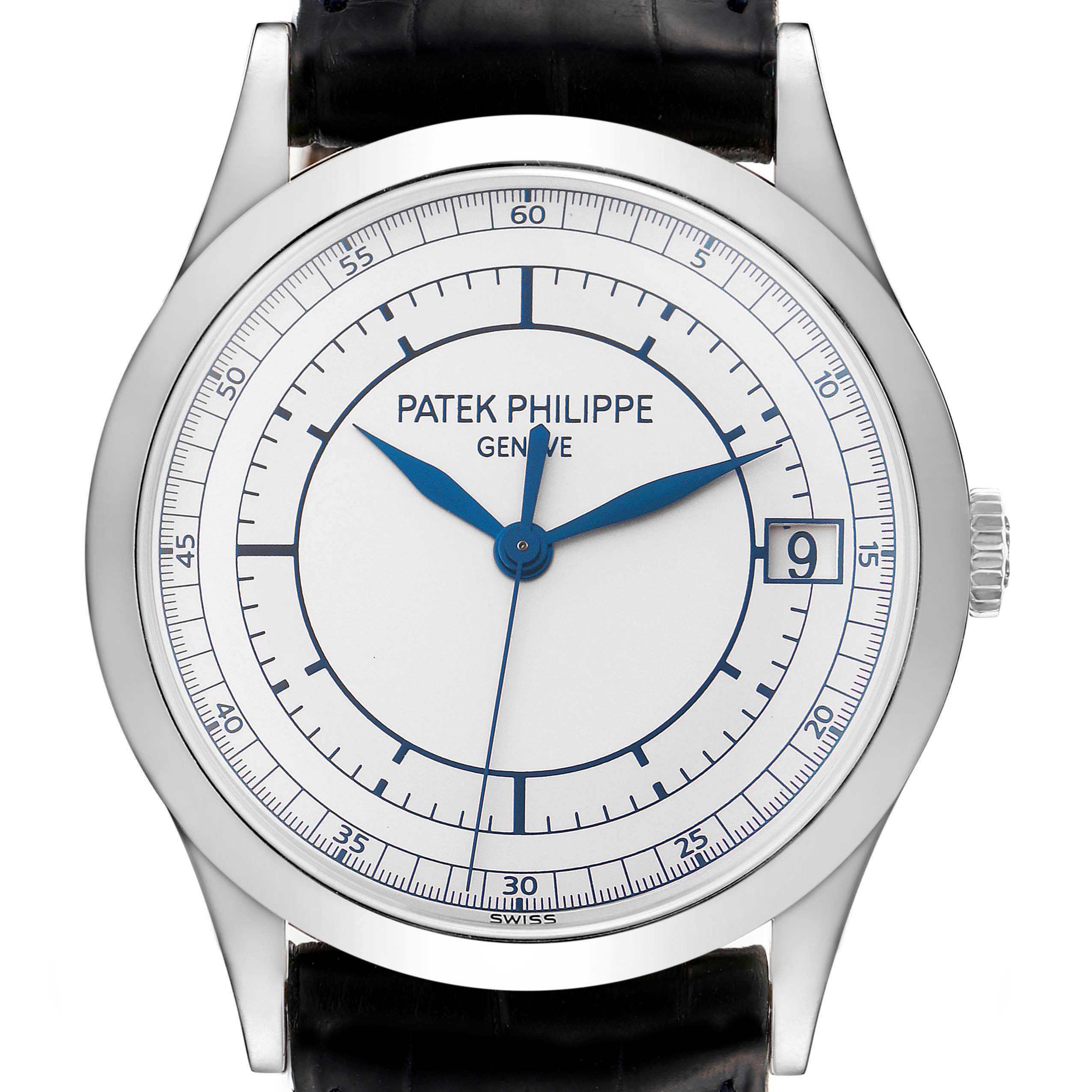 The image shows a front view of the Patek Philippe Calatrava 5296G-001 Men's White Gold Silver Dial 5296G-001 Men's White Gold Silver Dial watch, highlighting its dial, hands, and date.