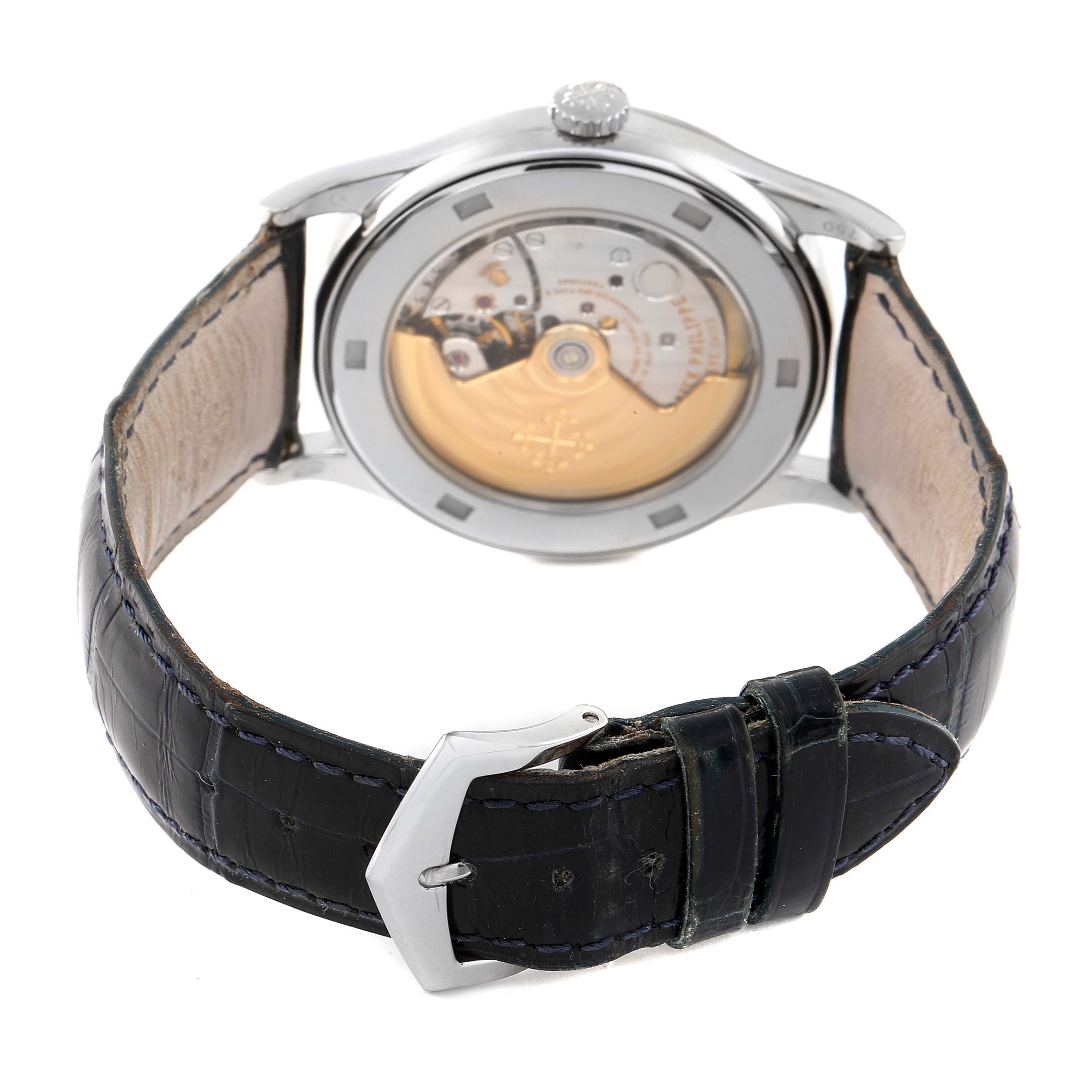 This image shows a rear angle of the Patek Philippe Calatrava 5296G-001 Men's White Gold Silver Dial 5296G-001 Men's White Gold Silver Dial watch, highlighting the movement and black leather strap.