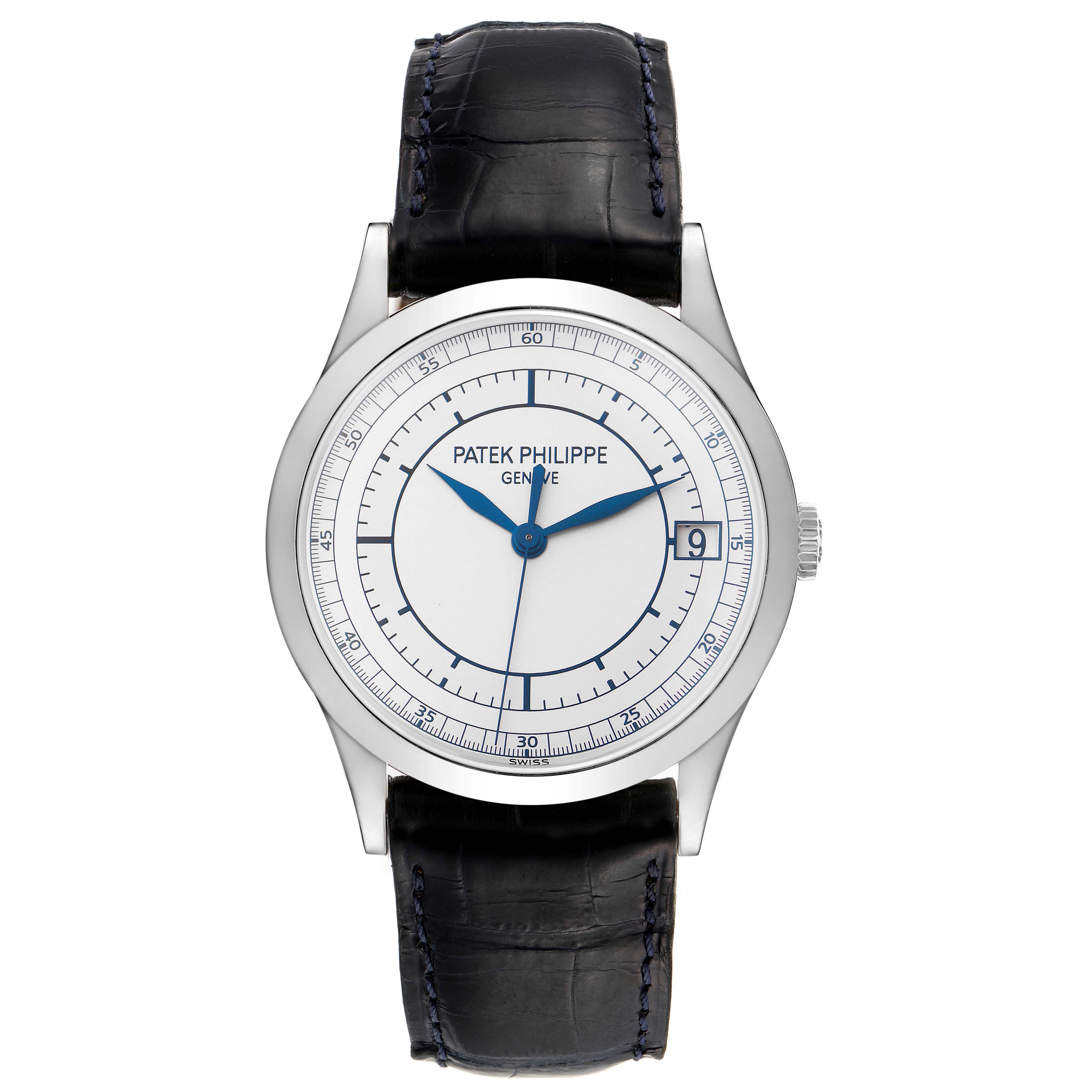 The image displays a front view of a Patek Philippe Calatrava 5296G-001 Men's White Gold Silver Dial 5296G-001 Men's White Gold Silver Dial watch, highlighting the dial, bezel, and strap.