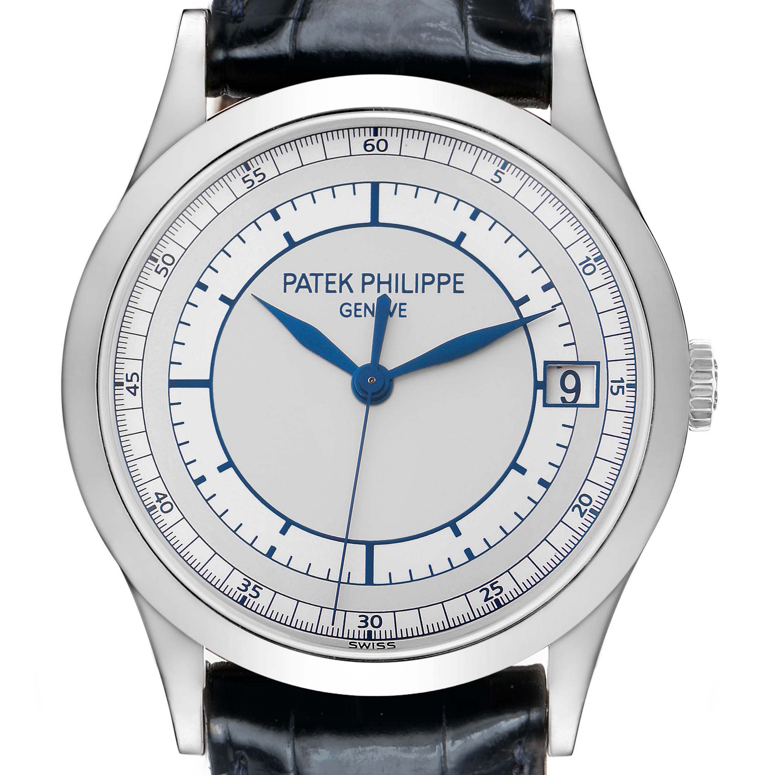 The Patek Philippe Calatrava 5296G-001 Men's White Gold Silver Dial watch is shown from a front angle, featuring its face, hands, and date window.