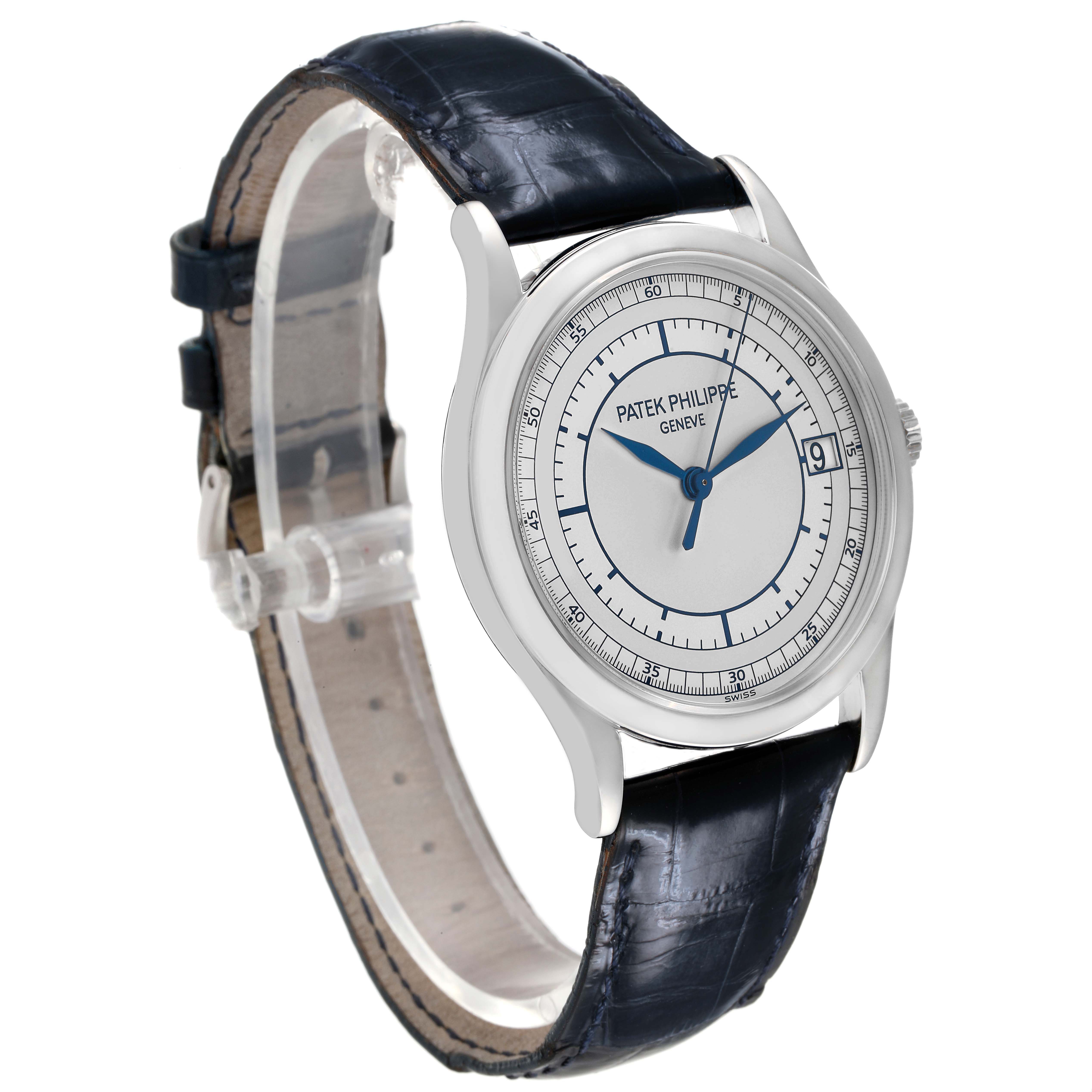 The Patek Philippe Calatrava 5296G-001 Men's White Gold Silver Dial watch is shown at an angled front view, highlighting the dial, case, and leather strap.