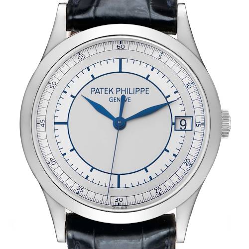 The image shows a front view of the Patek Philippe Calatrava 5296G-001 Men's White Gold Silver Dial watch, highlighting its dial, hands, and date window.