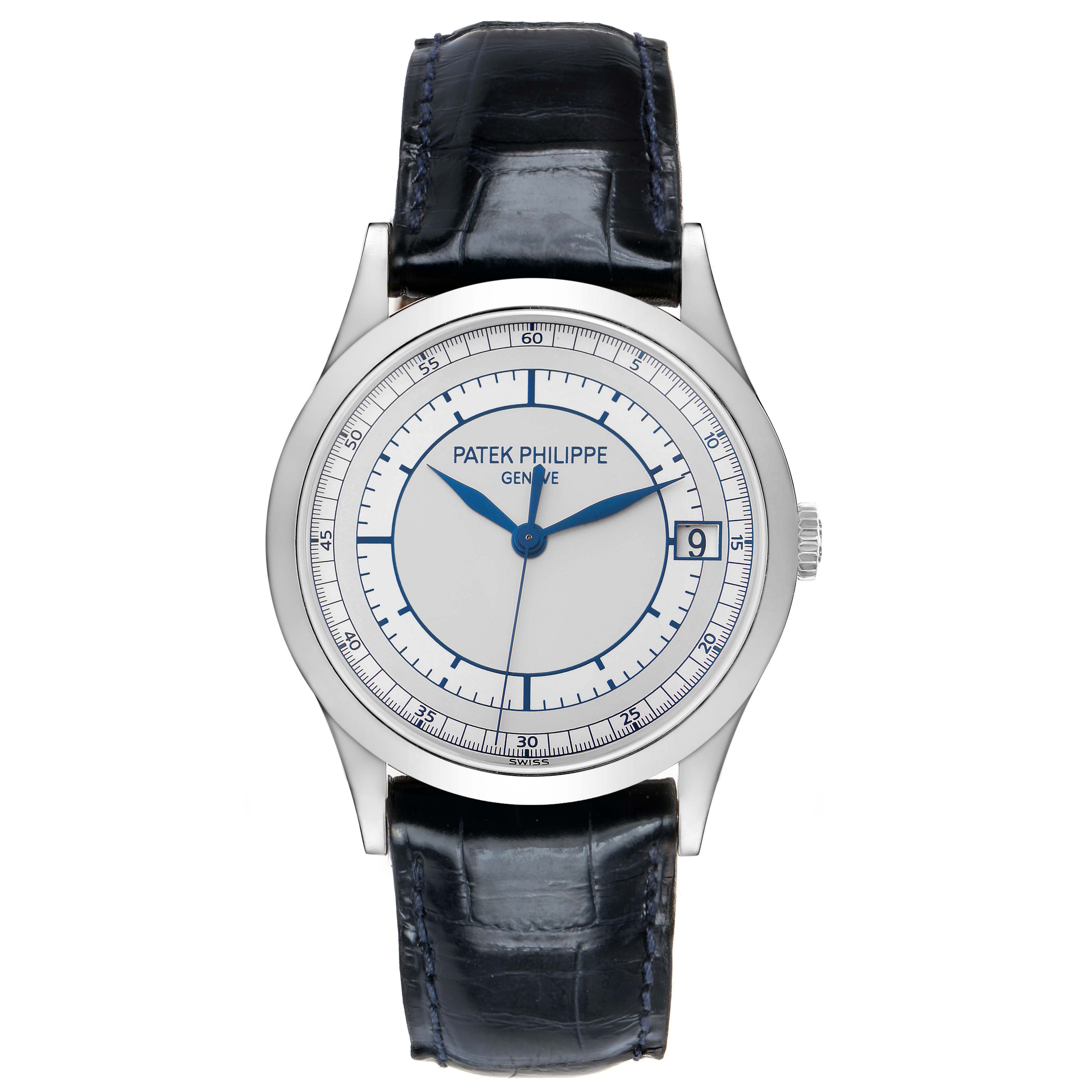 The Patek Philippe Calatrava 5296G-001 Men's White Gold Silver Dial watch is shown from a direct, front-facing angle, displaying the dial, hands, and blue leather strap.
