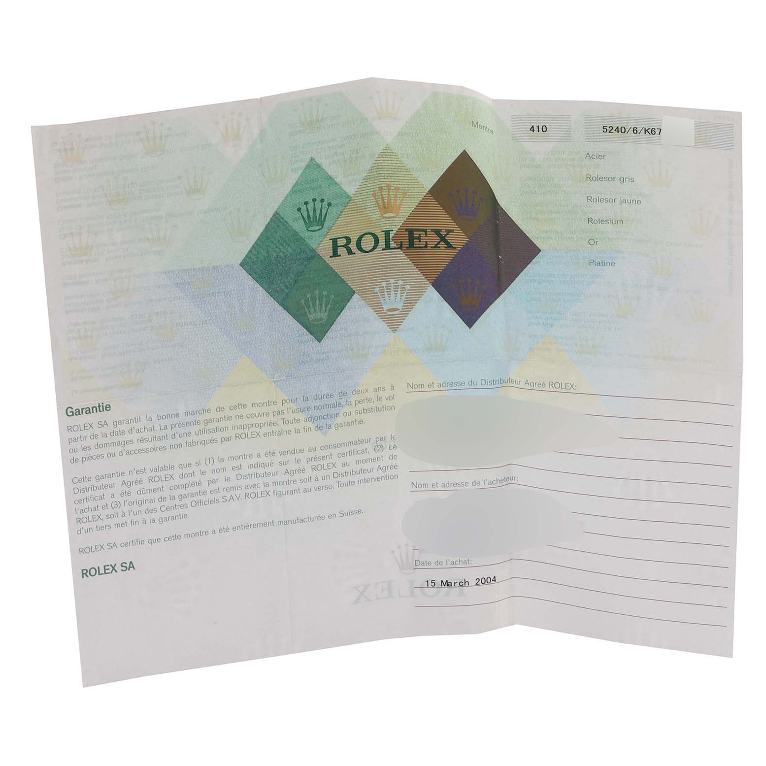 The image shows a warranty document for the Rolex Cellini 5240/6 Men's Platinum Mother of Pearl Dial 5240/6 Men's Platinum Mother of Pearl Dial model, viewed from the front.