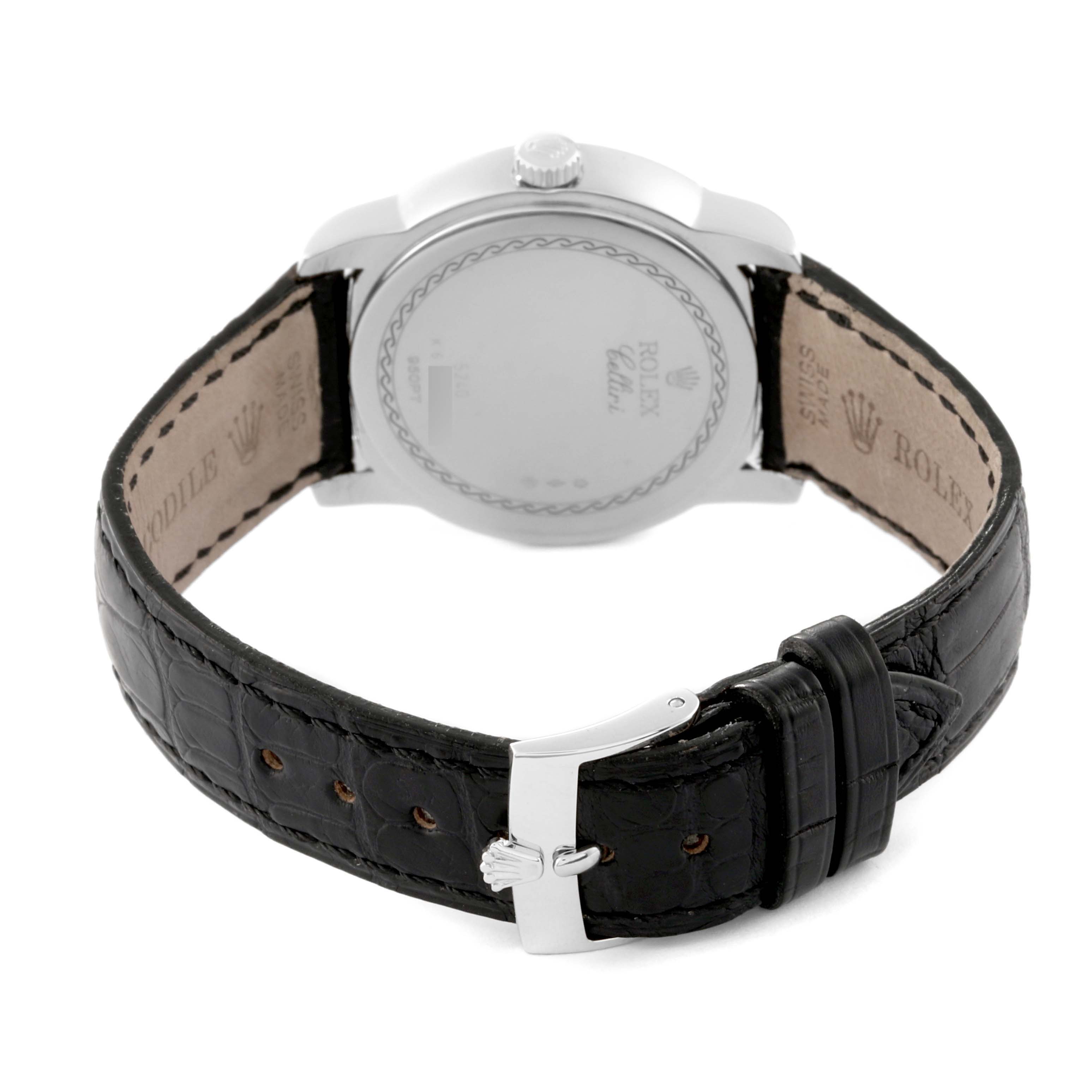 The Rolex Cellini 5240/6 Men's Platinum Mother of Pearl Dial 5240/6 Men's Platinum Mother of Pearl Dial watch is displayed from the rear, showing its case back and black leather strap with a buckle.