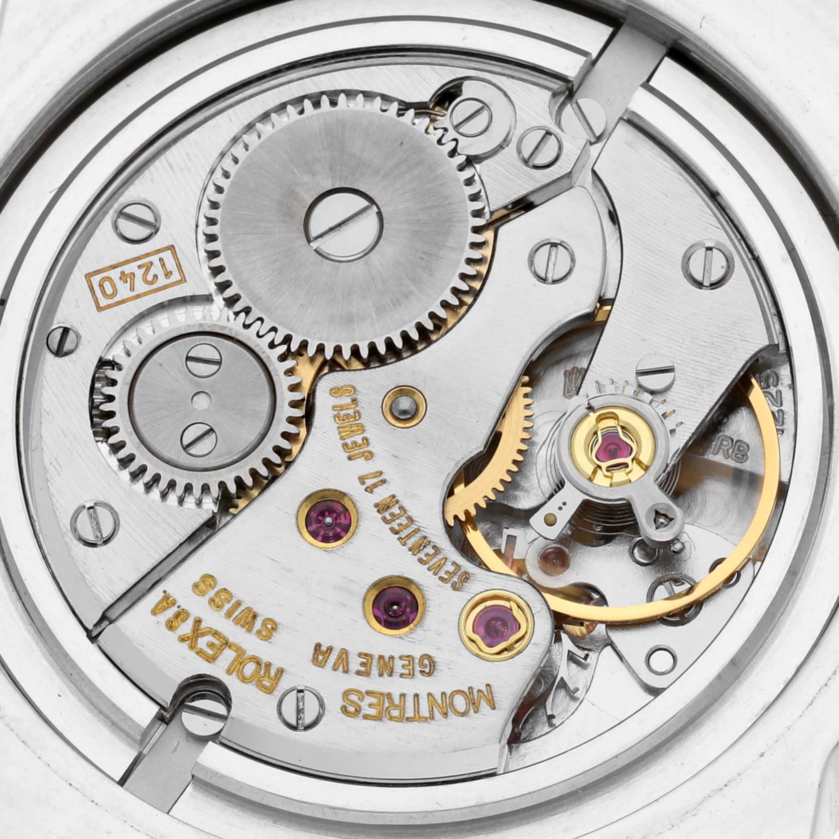 The image shows an up-close view of the movement and inner workings of a Rolex Cellini 5240/6 Men's Platinum Mother of Pearl Dial 5240/6 Men's Platinum Mother of Pearl Dial watch.