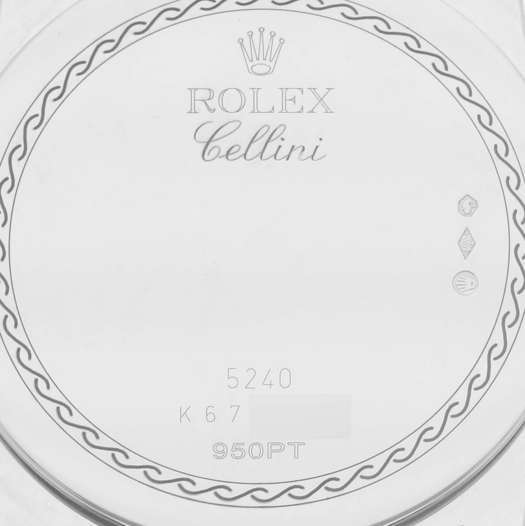 This image shows the back cover of a Rolex Cellini 5240/6 Men's Platinum Mother of Pearl Dial 5240/6 Men's Platinum Mother of Pearl Dial 5240 watch, displaying its engravings.