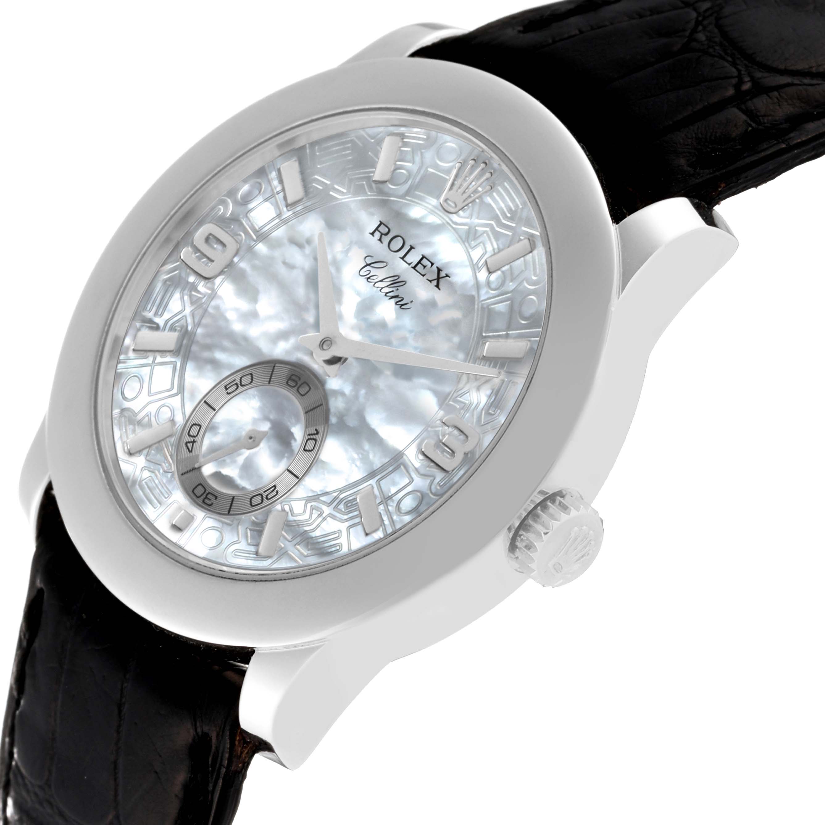 This image shows a close-up, angled view of a Rolex Cellini 5240/6 Men's Platinum Mother of Pearl Dial 5240/6 Men's Platinum Mother of Pearl Dial watch, highlighting the dial, hands, and crown.