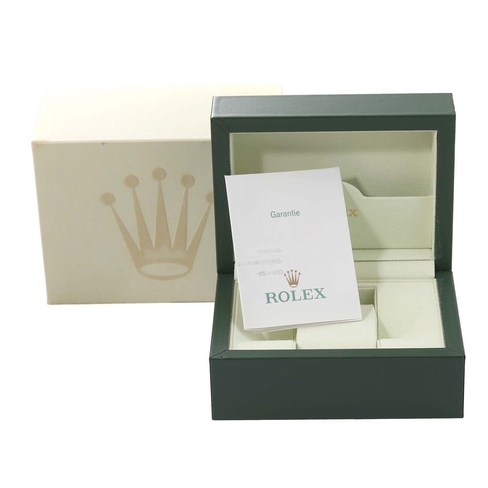 The image shows an open Rolex Cellini 5240/6 Men's Platinum Mother of Pearl Dial 5240/6 Men's Platinum Mother of Pearl Dial watch box with its outer box and a warranty card inside.