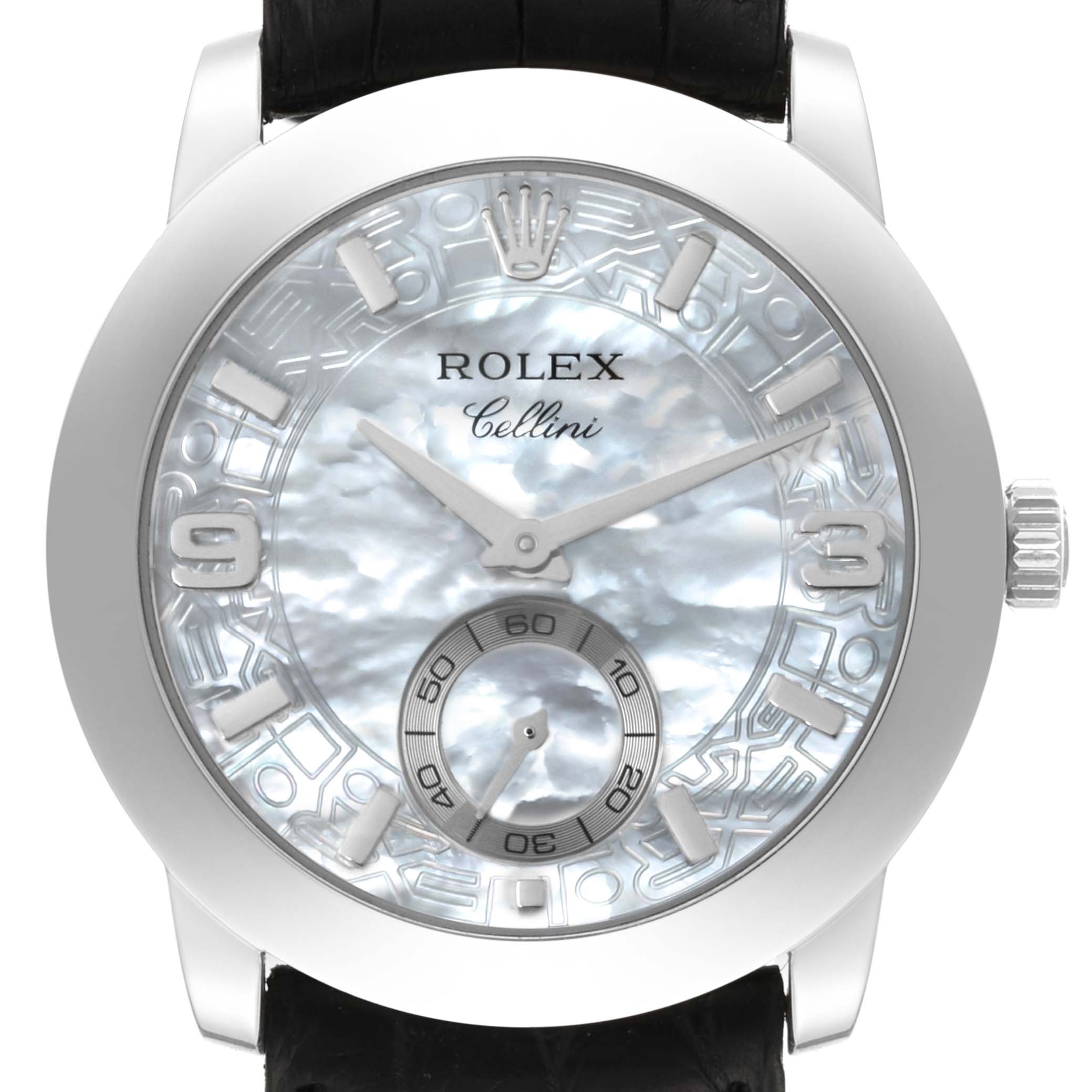 The image shows a front view of the Rolex Cellini 5240/6 Men's Platinum Mother of Pearl Dial 5240/6 Men's Platinum Mother of Pearl Dial watch, highlighting its dial, hands, bezel, crown, and part of the strap.