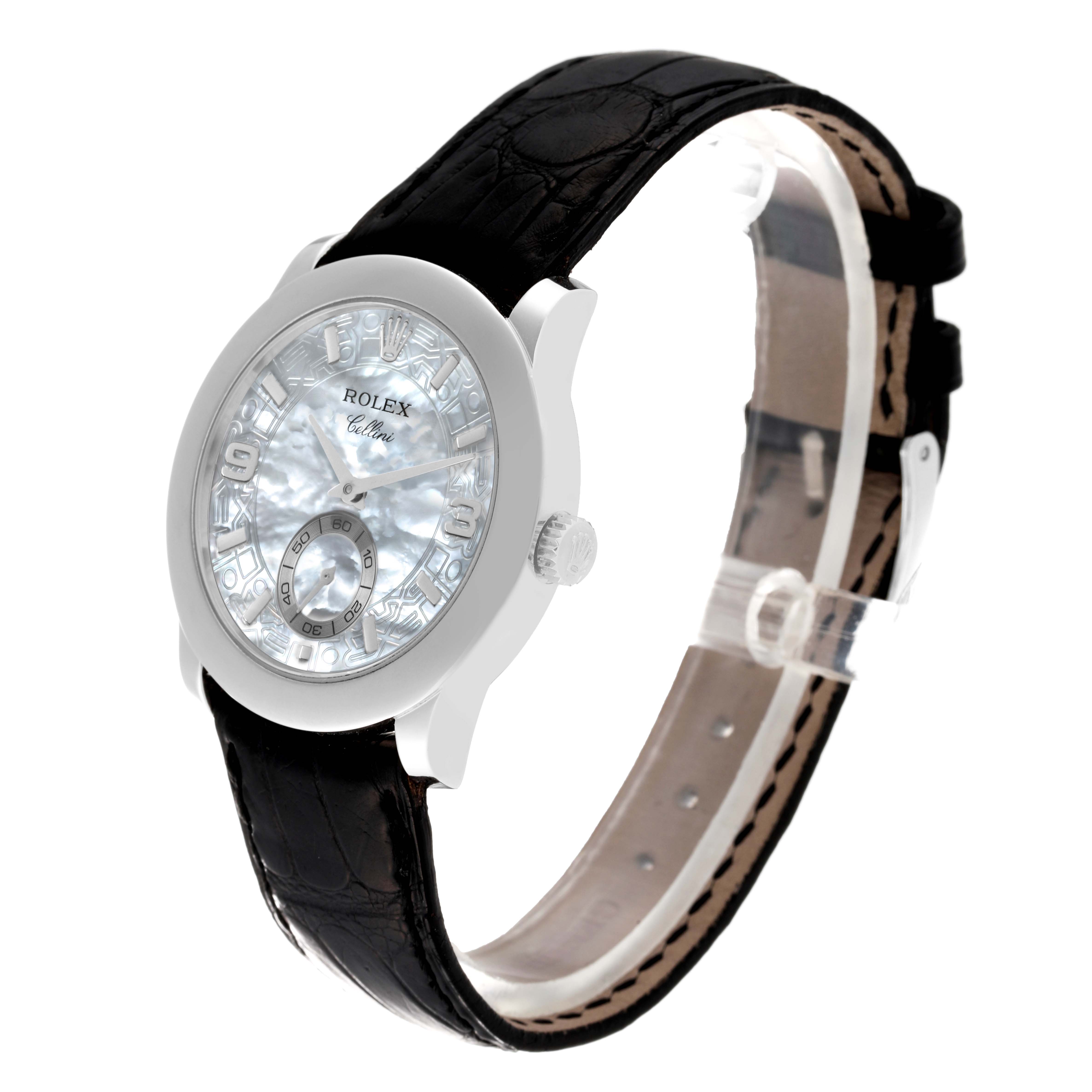 The image shows a Rolex Cellini 5240/6 Men's Platinum Mother of Pearl Dial 5240/6 Men's Platinum Mother of Pearl Dial watch at a slight angle, highlighting its dial, case, crown, and leather strap.