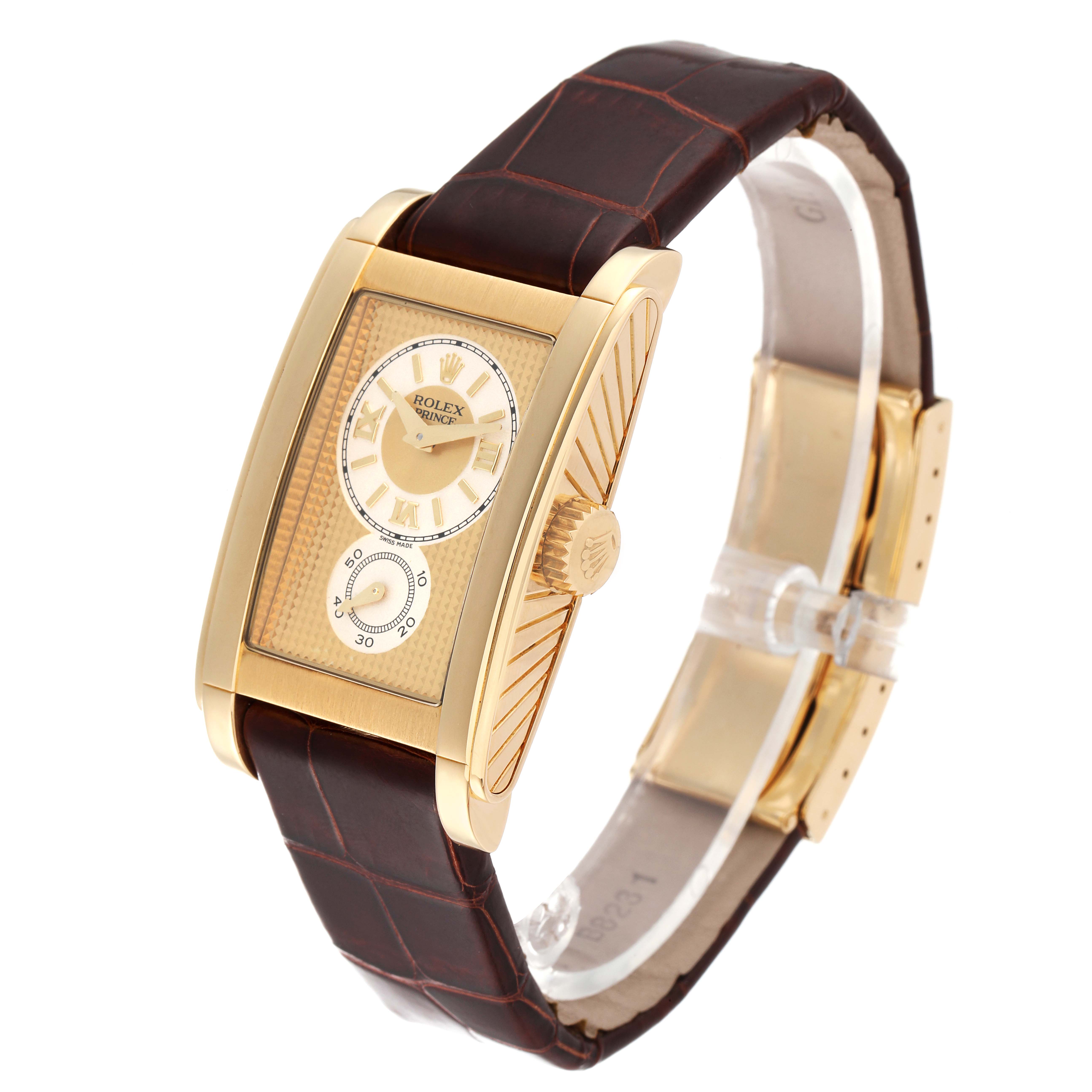 The image shows a Rolex Cellini 5440/8 Men
s Yellow Gold Champagne Dial 5440/8 Men
s Yellow Gold Champagne Dial watch from a slightly angled side view, displaying the watch face, case, crown, and leather strap.