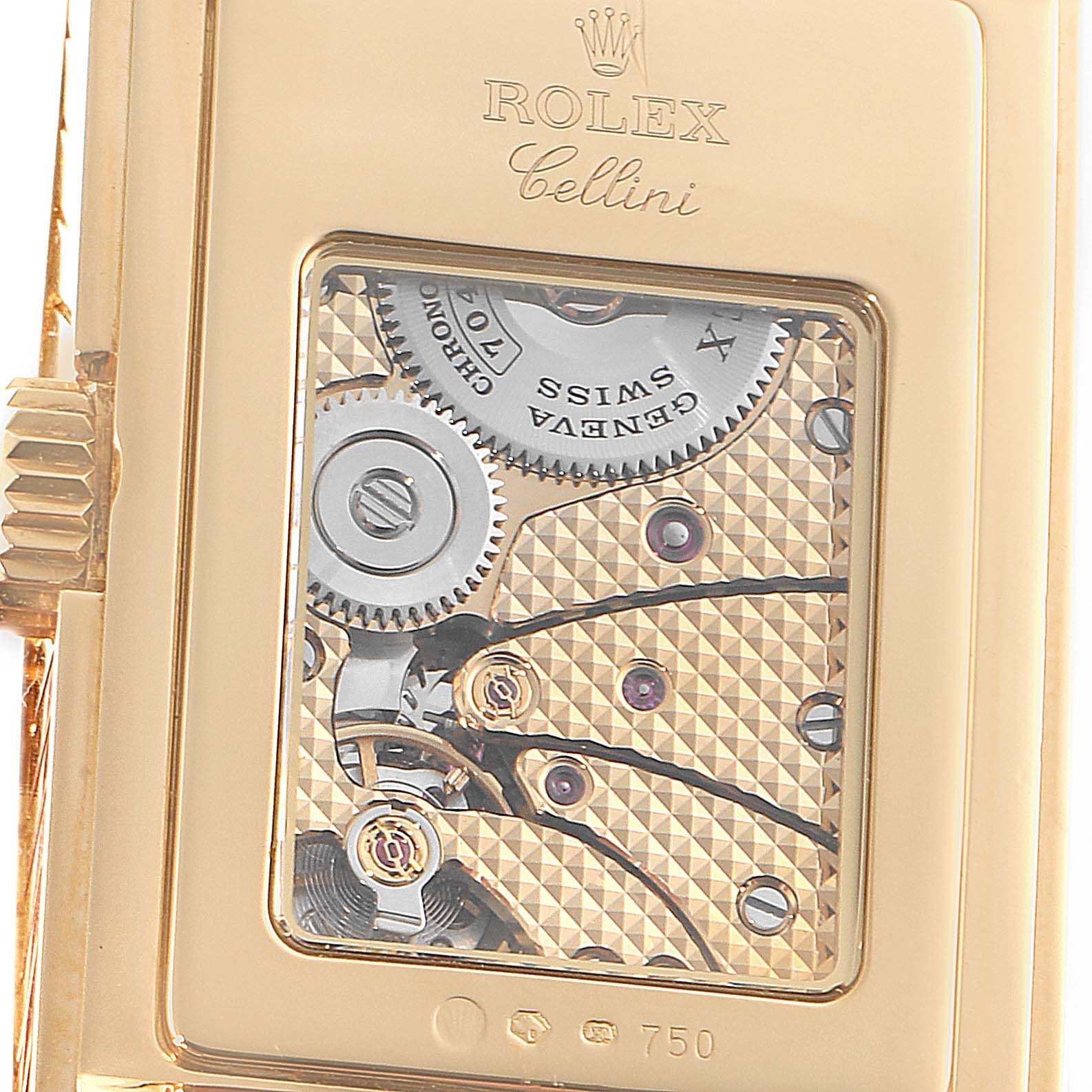 This image shows a close-up view of the movement inside a Rolex Cellini 5440/8 Men
s Yellow Gold Champagne Dial 5440/8 Men
s Yellow Gold Champagne Dial watch, highlighting its intricate mechanical parts.