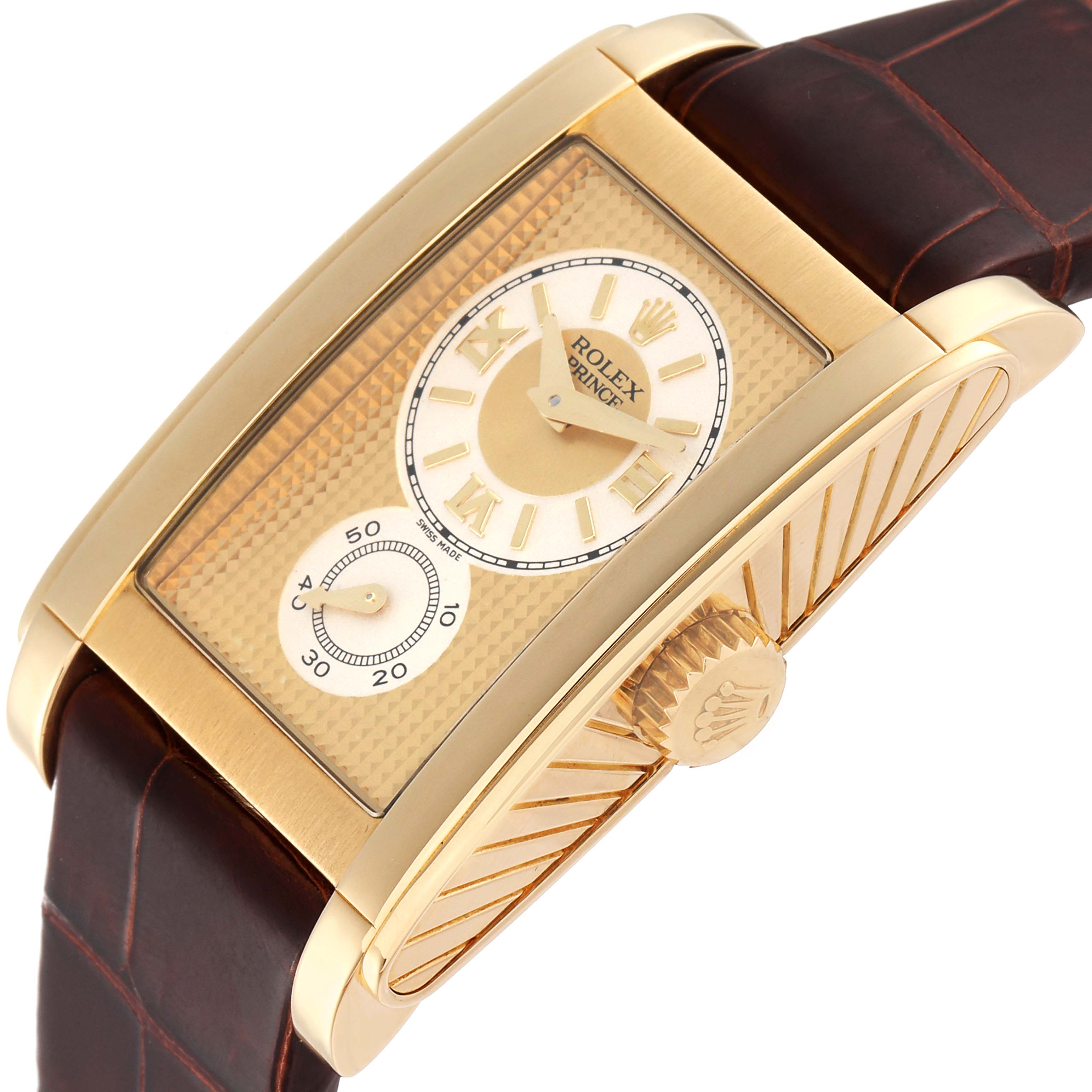 The image shows a close-up, angled view of a Rolex Cellini 5440/8 Men
s Yellow Gold Champagne Dial 5440/8 Men
s Yellow Gold Champagne Dial Prince watch, highlighting its dial, crown, and leather strap.