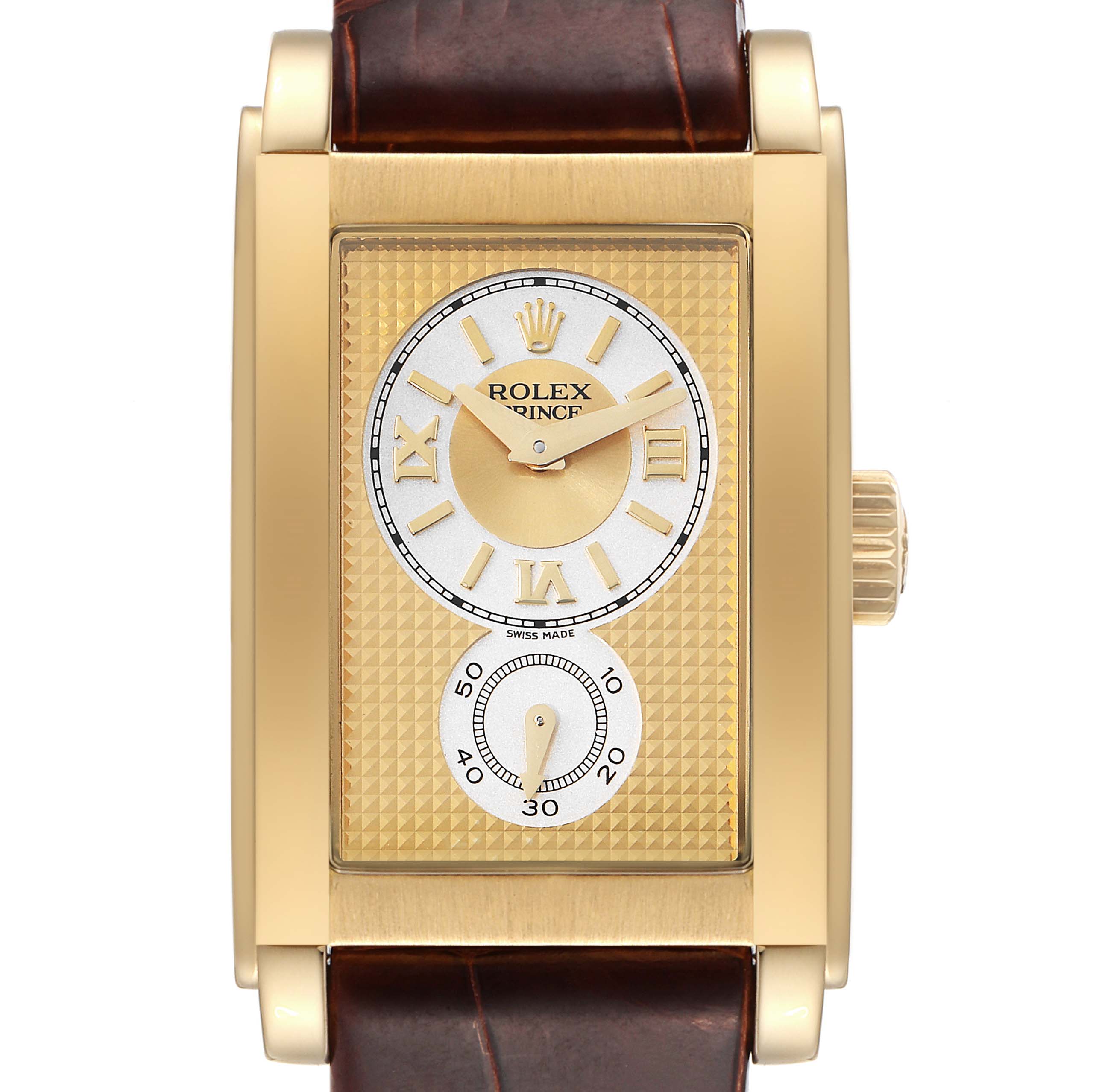 The image displays a front view of the Rolex Cellini 5440/8 Men
s Yellow Gold Champagne Dial 5440/8 Men
s Yellow Gold Champagne Dial watch, showcasing its rectangular gold case, brown leather strap, and detailed dial.