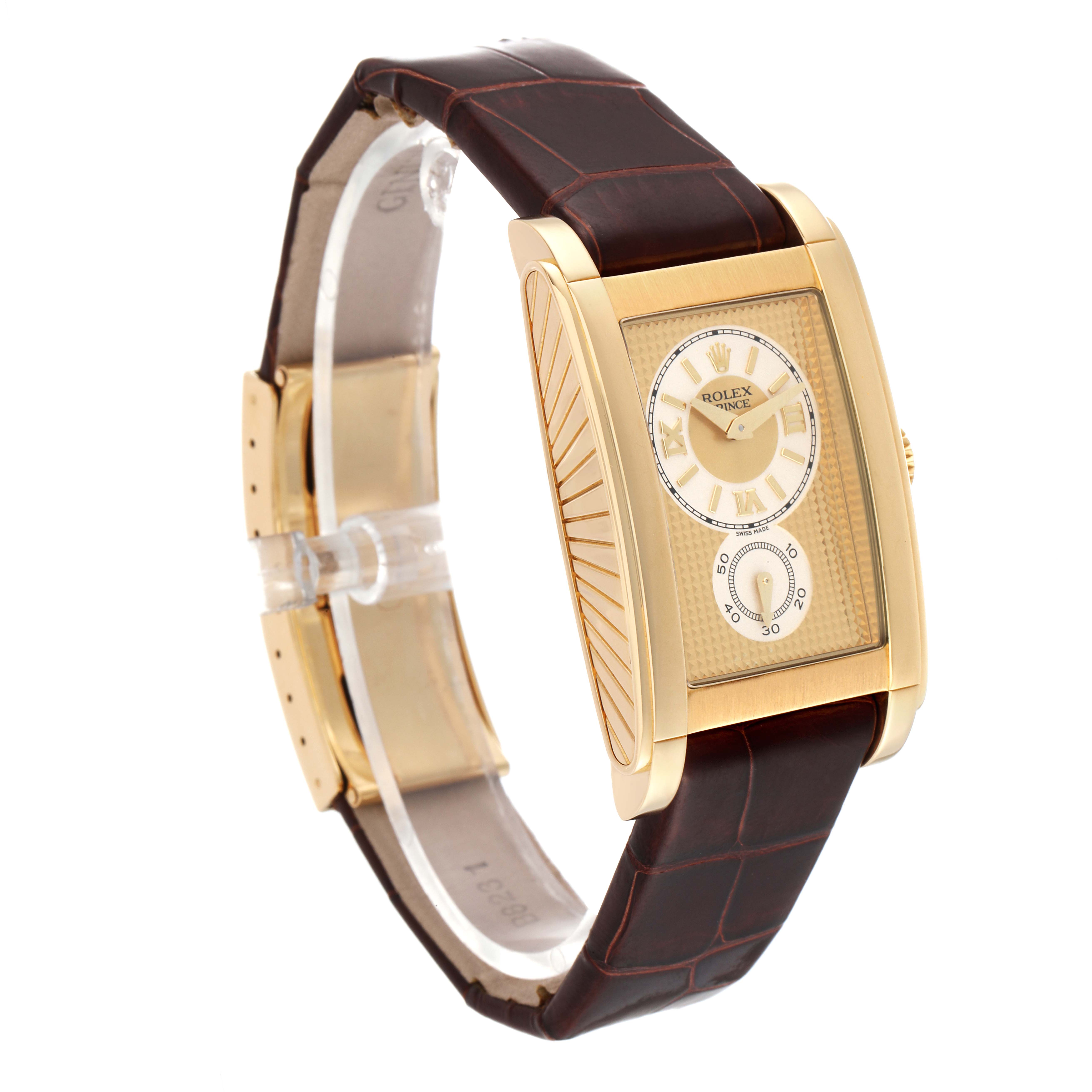 The image shows a Rolex Cellini 5440/8 Men
s Yellow Gold Champagne Dial 5440/8 Men
s Yellow Gold Champagne Dial watch at an angled side view, highlighting its rectangular gold case and brown leather strap.