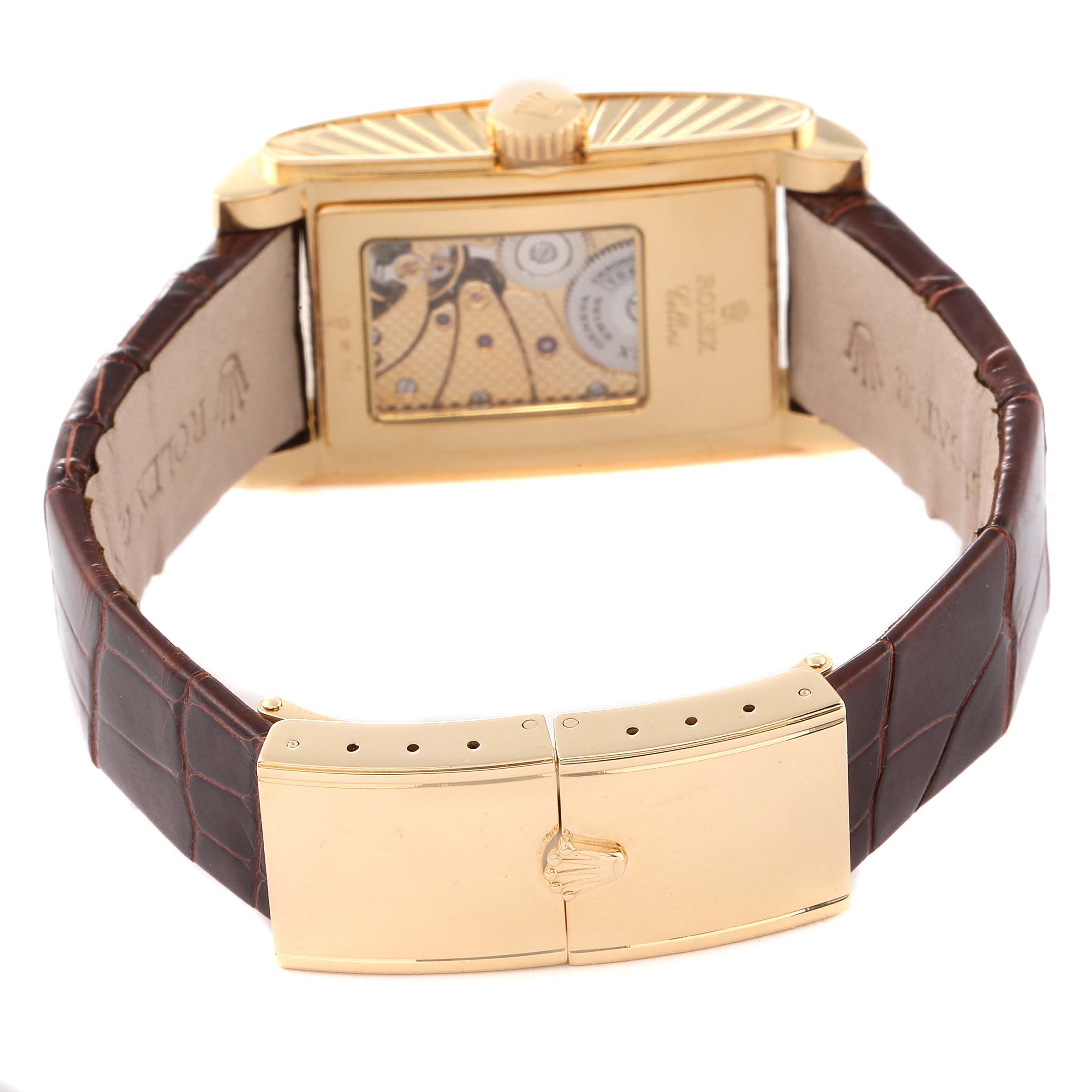 The image shows the back of a Rolex Cellini 5440/8 Men
s Yellow Gold Champagne Dial 5440/8 Men
s Yellow Gold Champagne Dial watch, highlighting its transparent case back, brown leather strap, and gold clasp.