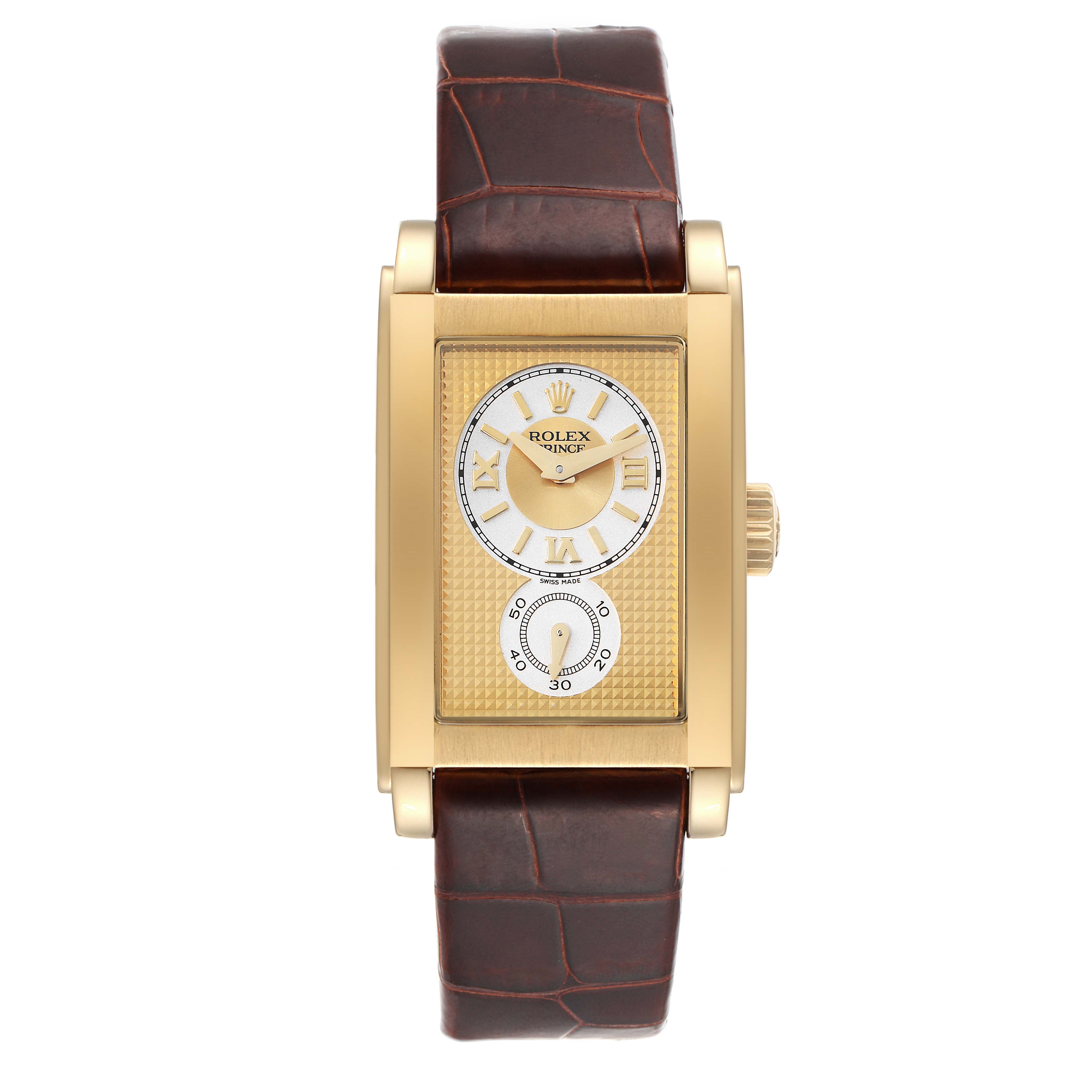 The image shows a front view of a Rolex Cellini 5440/8 Men
s Yellow Gold Champagne Dial 5440/8 Men
s Yellow Gold Champagne Dial watch with a gold rectangular case and a brown leather strap.