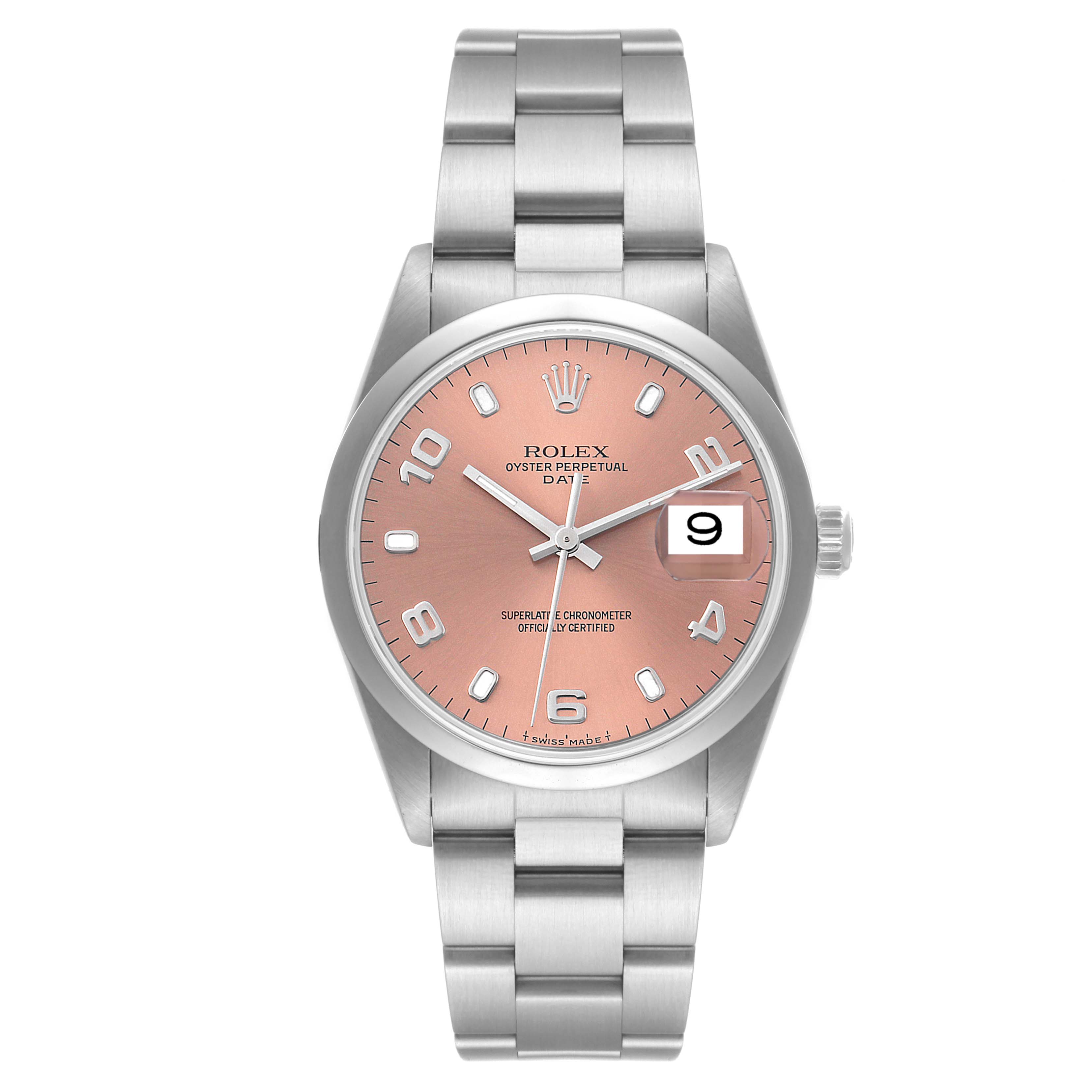 This image shows a front view of a Rolex Date 15200 Men's Stainless Steel Pink Dial 15200 Men's Stainless Steel Pink Dial watch, highlighting the peach dial, date window, and metal bracelet.