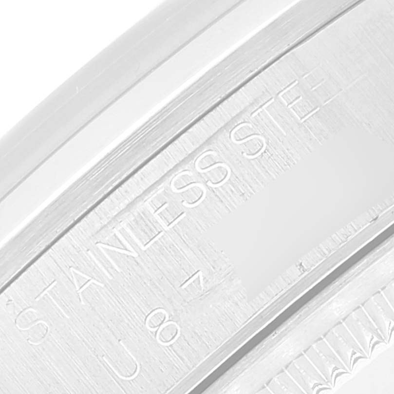 This is a close-up angle showing the stainless steel case back of the Rolex Date 15200 Men's Stainless Steel Pink Dial 15200 Men's Stainless Steel Pink Dial watch.