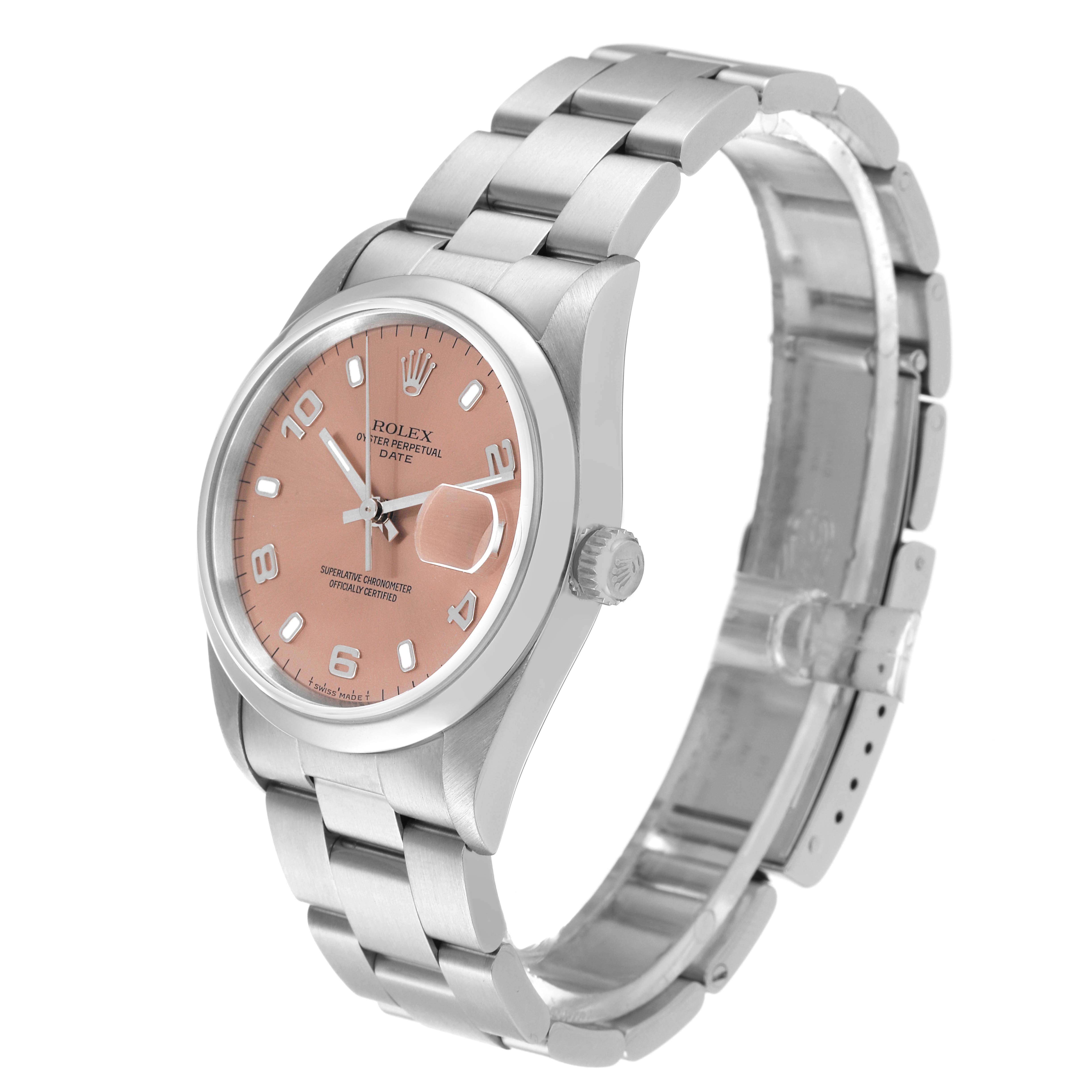 This is a front-side angle of the Rolex Date 15200 Men's Stainless Steel Pink Dial 15200 Men's Stainless Steel Pink Dial model, showing the watch face, bracelet, and clasp.