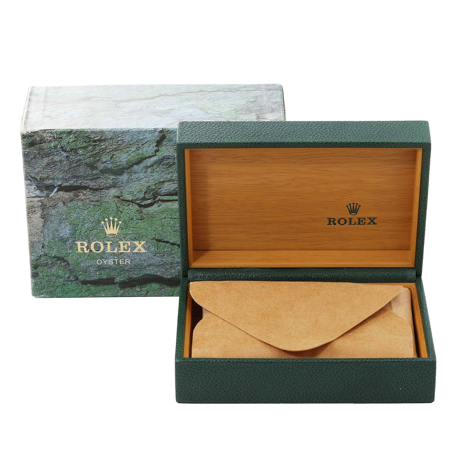 The image shows a Rolex Date 15200 Men's Stainless Steel Pink Dial 15200 Men's Stainless Steel Pink Dial model watch box and pouch, with the watch box open at a front angle.