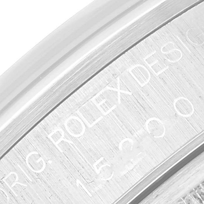 This close-up image shows the engraved text on the side of the case for the Rolex Date 15200 Men's Stainless Steel Pink Dial 15200 Men's Stainless Steel Pink Dial model.