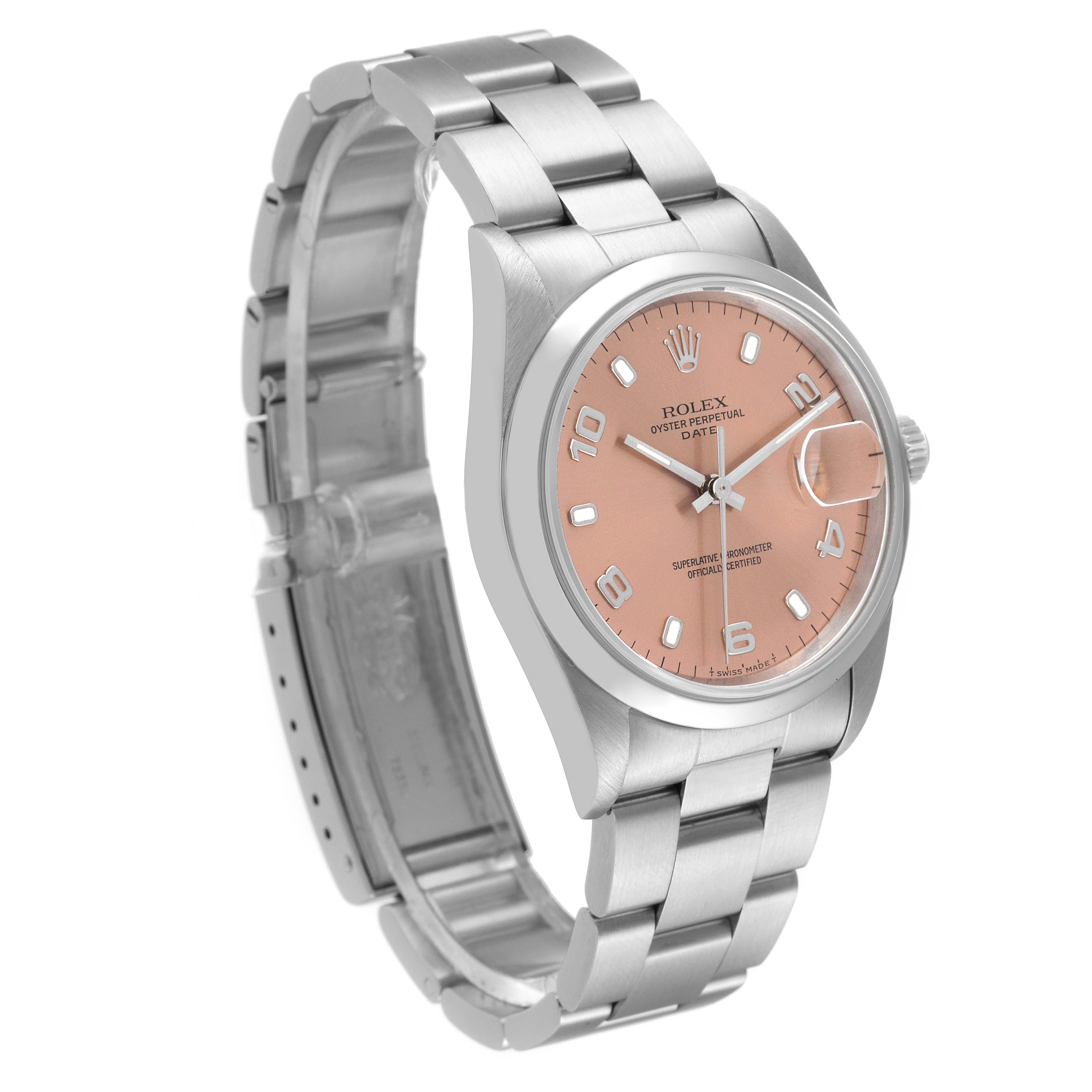 This image shows a Rolex Date 15200 Men's Stainless Steel Pink Dial 15200 Men's Stainless Steel Pink Dial model watch at an angle that highlights its face, bracelet, and clasp.