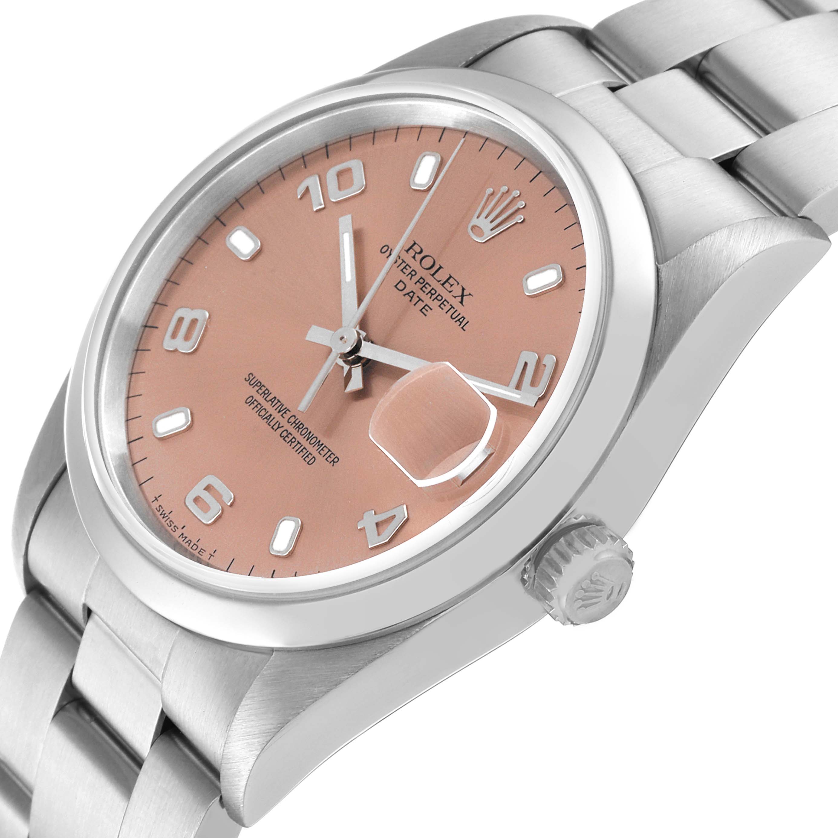 This image shows a close-up angled view of a Rolex Date 15200 Men's Stainless Steel Pink Dial 15200 Men's Stainless Steel Pink Dial model watch, highlighting the dial, numerals, bracelet, and crown.