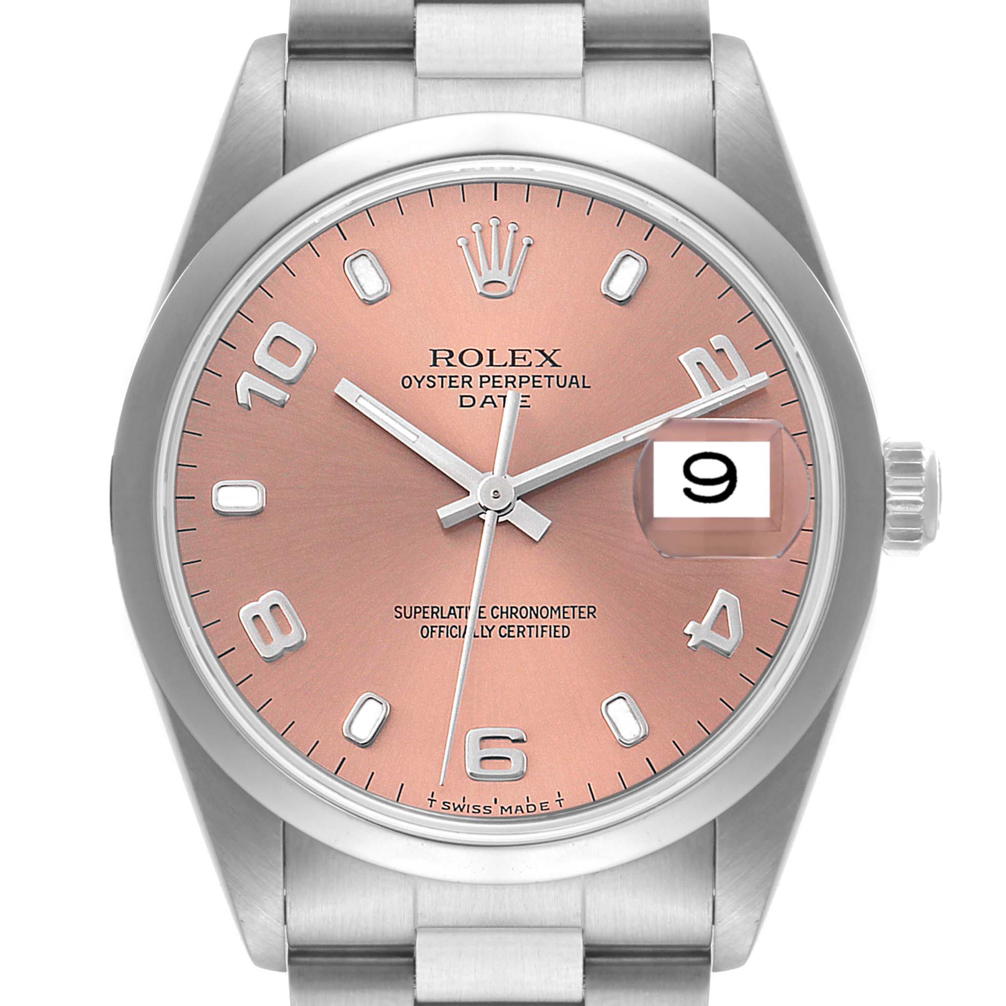 This image shows a frontal view of a Rolex Date 15200 Men's Stainless Steel Pink Dial 15200 Men's Stainless Steel Pink Dial model watch, featuring a rose dial, silver indices, and a date window at 3 o'clock.