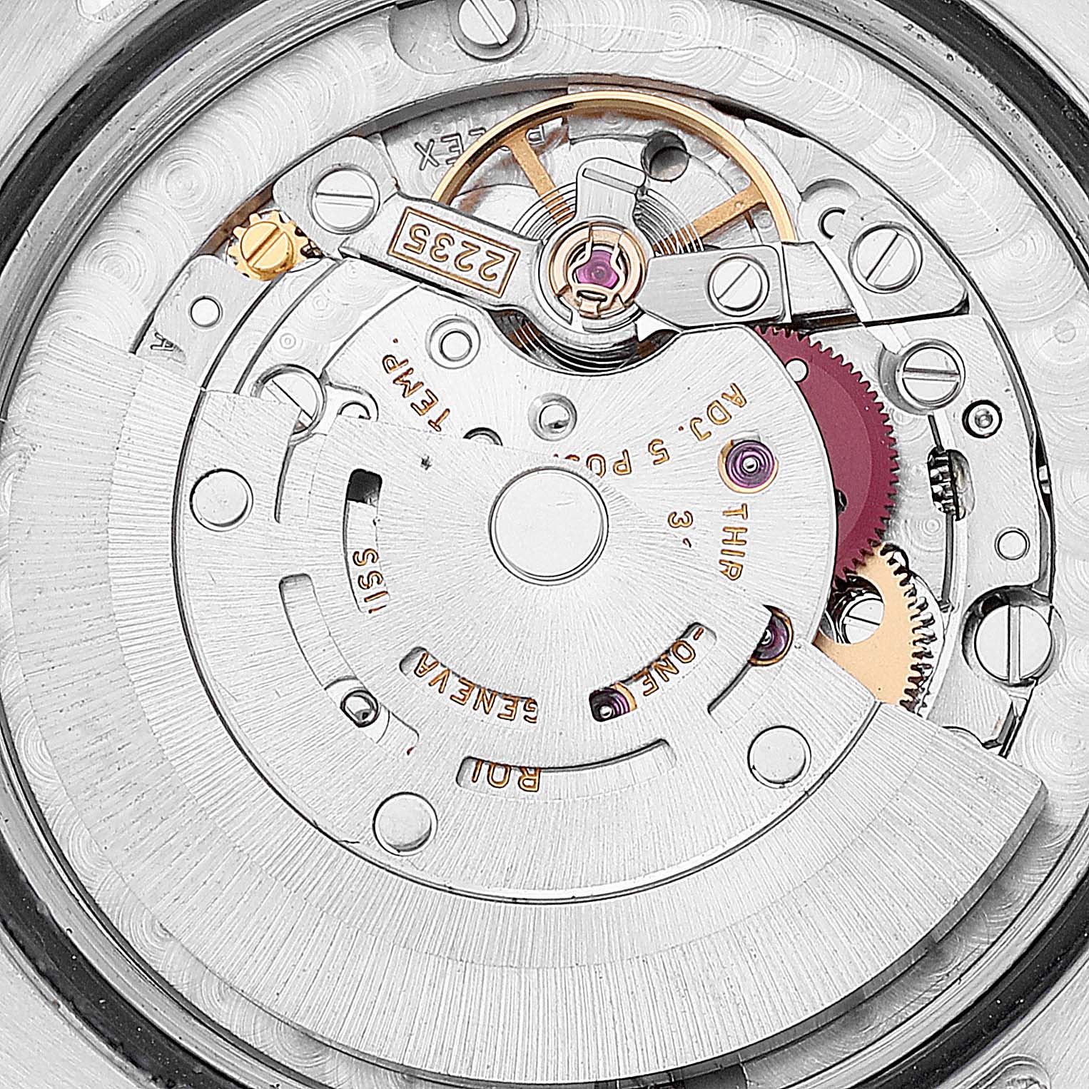 The image shows the internal mechanism of a Rolex Mid-Size 178241 Women's Steel and Gold (two tone) Grey Dial 178241 Women's Steel and Gold (two tone) Grey Dial model watch from a close-up angle.
