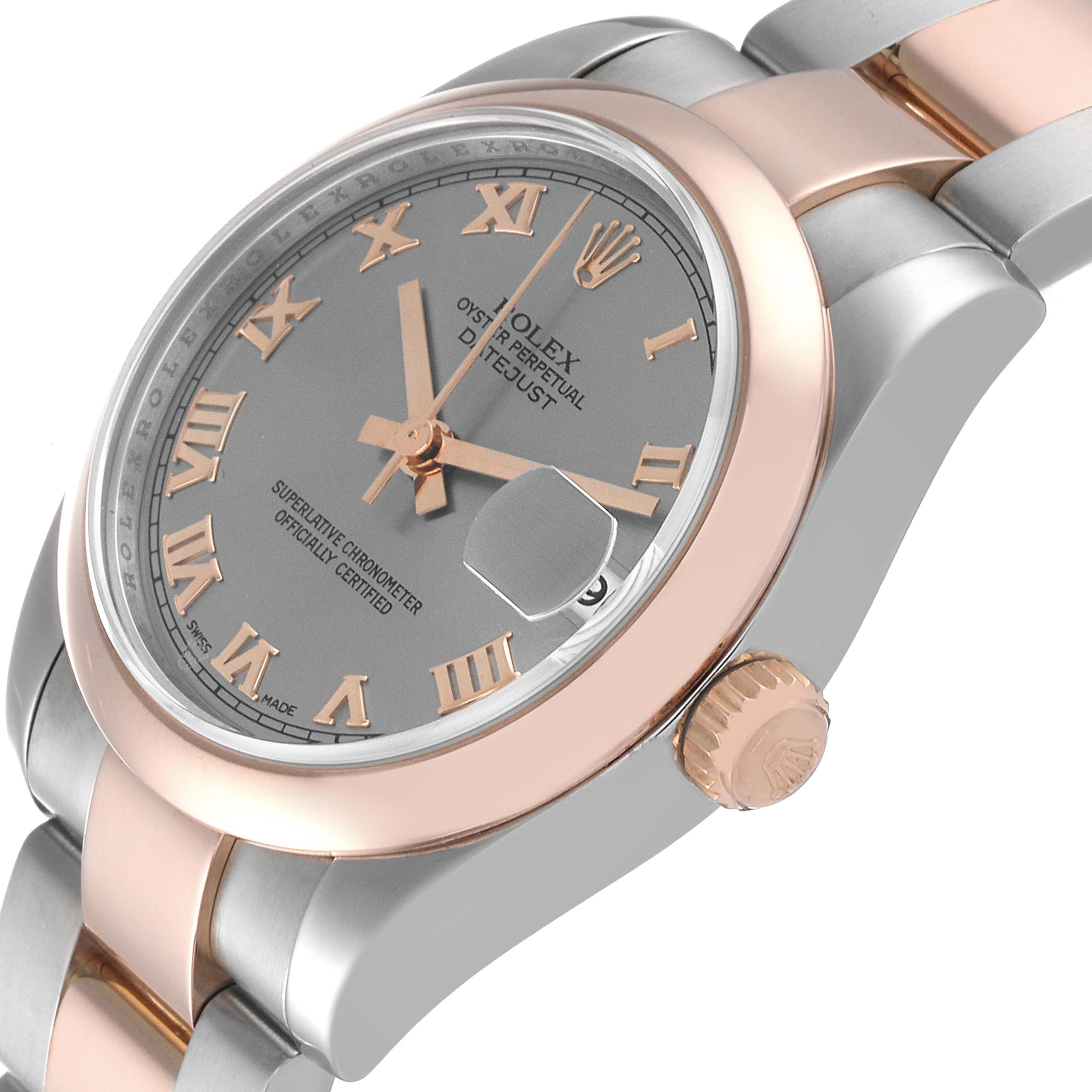 The image shows a close-up side angle of a Rolex Mid-Size 178241 Women's Steel and Gold (two tone) Grey Dial 178241 Women's Steel and Gold (two tone) Grey Dial Datejust watch, highlighting its dial, crown, and part of the bracelet.