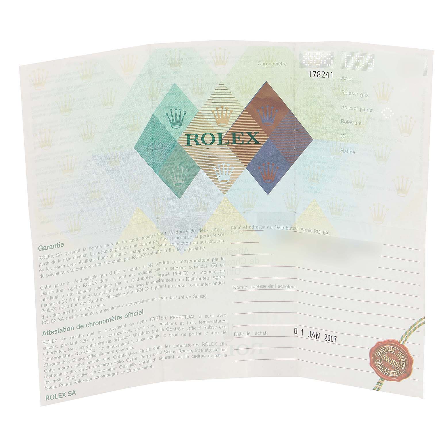 This image displays the warranty card of a Rolex Mid-Size 178241 Women's Steel and Gold (two tone) Grey Dial 178241 Women's Steel and Gold (two tone) Grey Dial model, showing the brand logo and guarantee details.