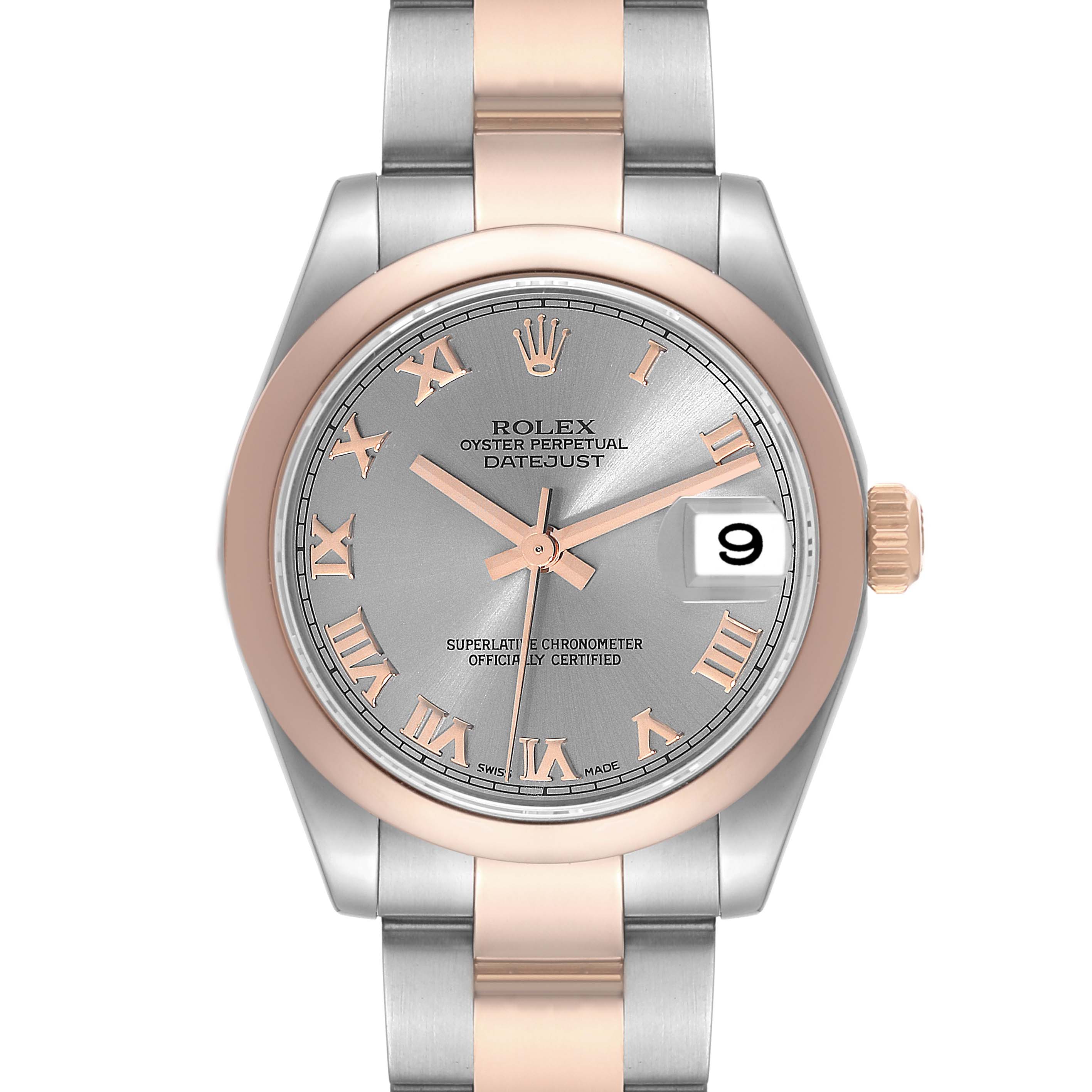 This image shows a front view of a Rolex Mid-Size 178241 Women's Steel and Gold (two tone) Grey Dial 178241 Women's Steel and Gold (two tone) Grey Dial Oyster Perpetual Datejust, featuring a two-tone bezel and bracelet.