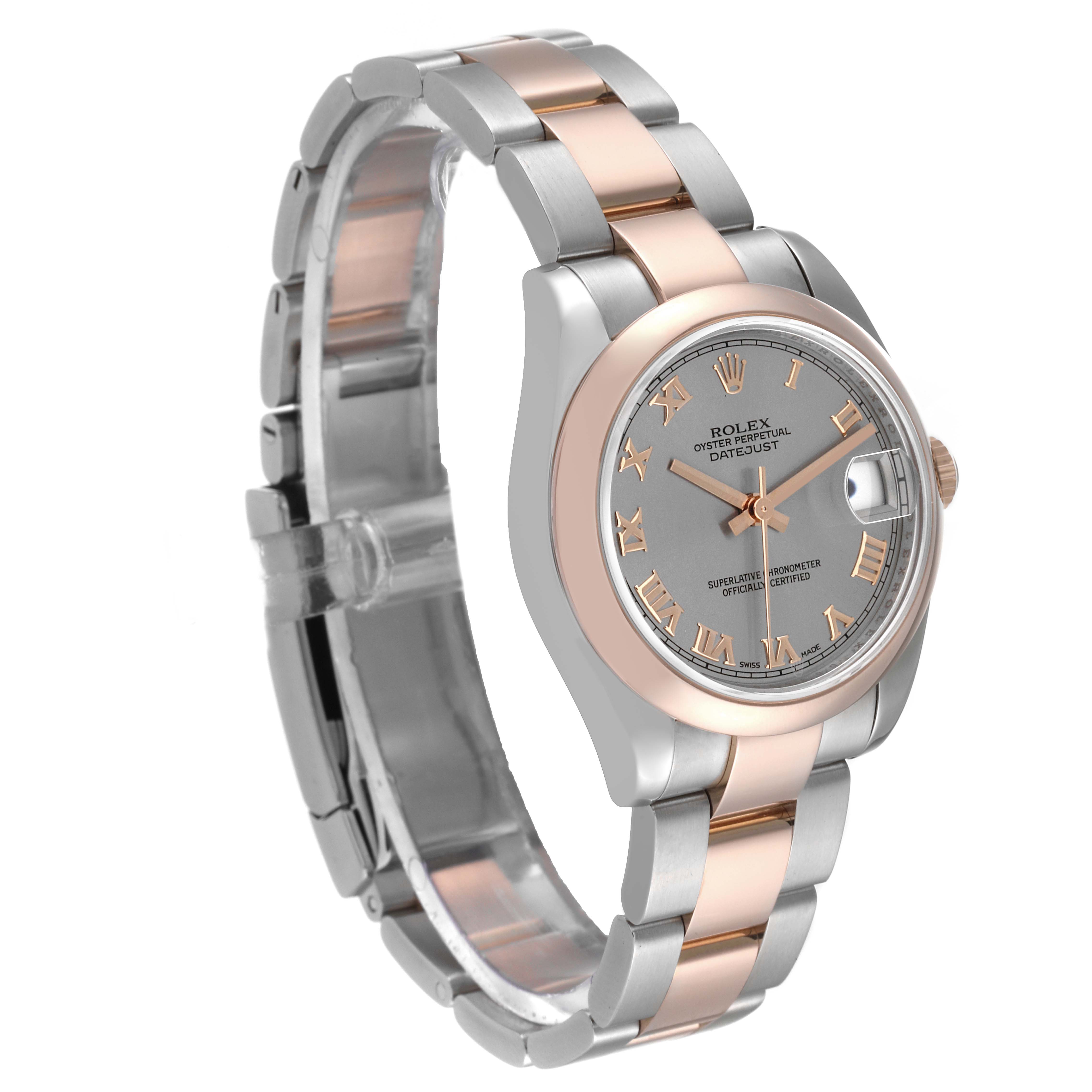 This image shows a Rolex Mid-Size 178241 Women's Steel and Gold (two tone) Grey Dial 178241 Women's Steel and Gold (two tone) Grey Dial Oyster Perpetual watch at an angled side view, highlighting its two-tone metal bracelet and silver dial.