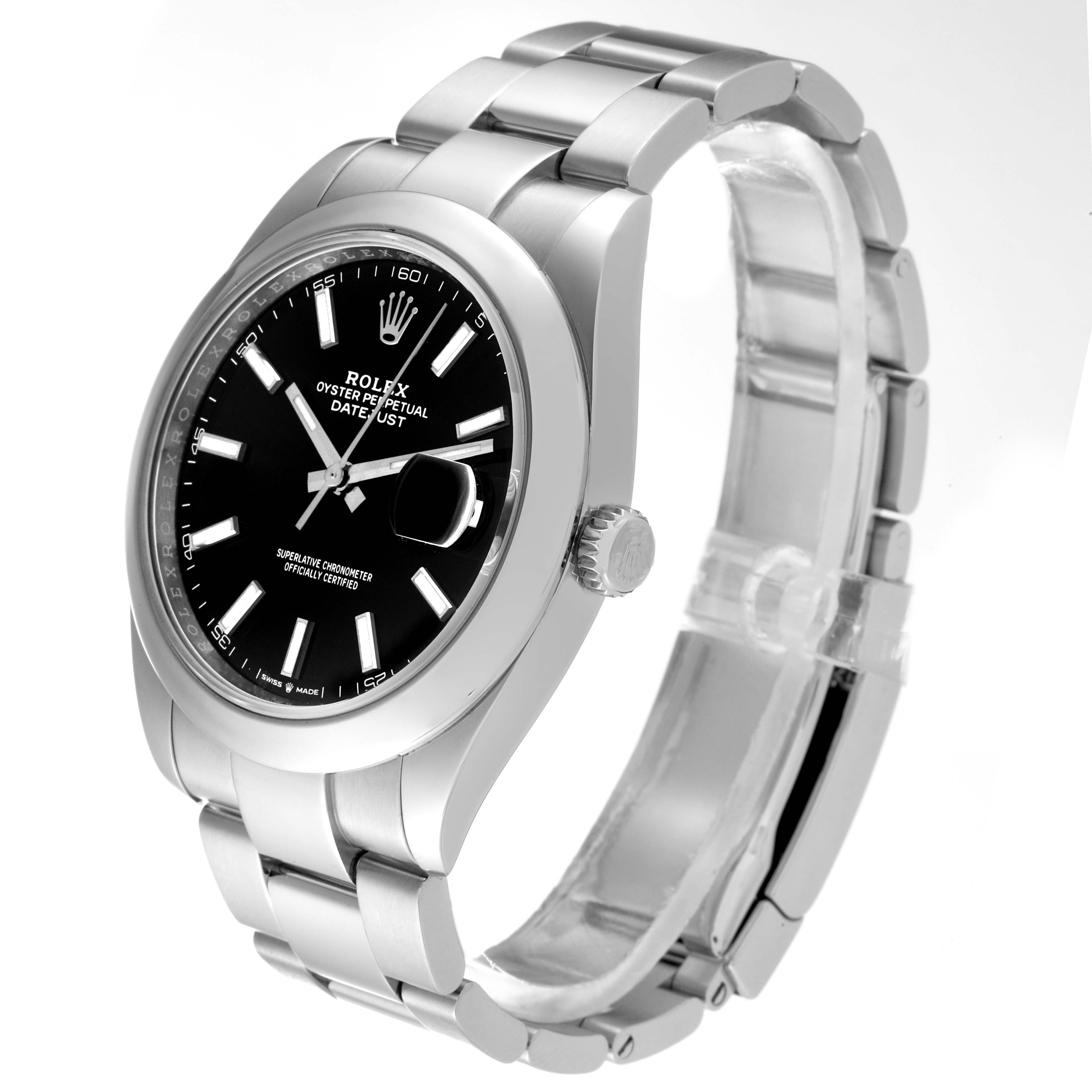 This image shows a front-side view of the Rolex Datejust 41 126300 Men
s Stainless Steel Black Dial 126300 Men
s Stainless Steel Black Dial, highlighting the face, bezel, crown, and part of the bracelet.