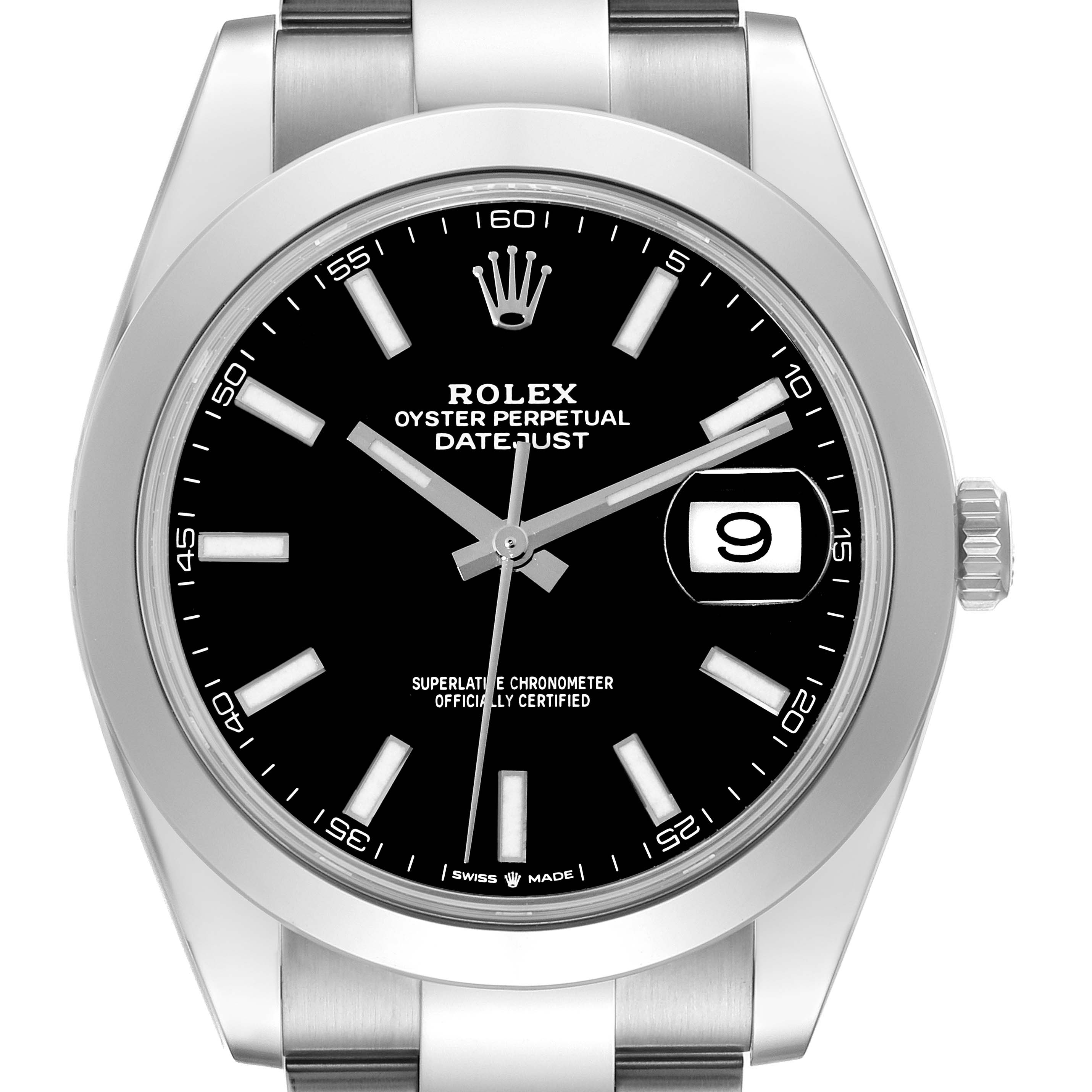 The image shows a front view of the Rolex Datejust 41 126300 Men
s Stainless Steel Black Dial 126300 Men
s Stainless Steel Black Dial watch with a black dial, date window, and stainless steel bracelet.