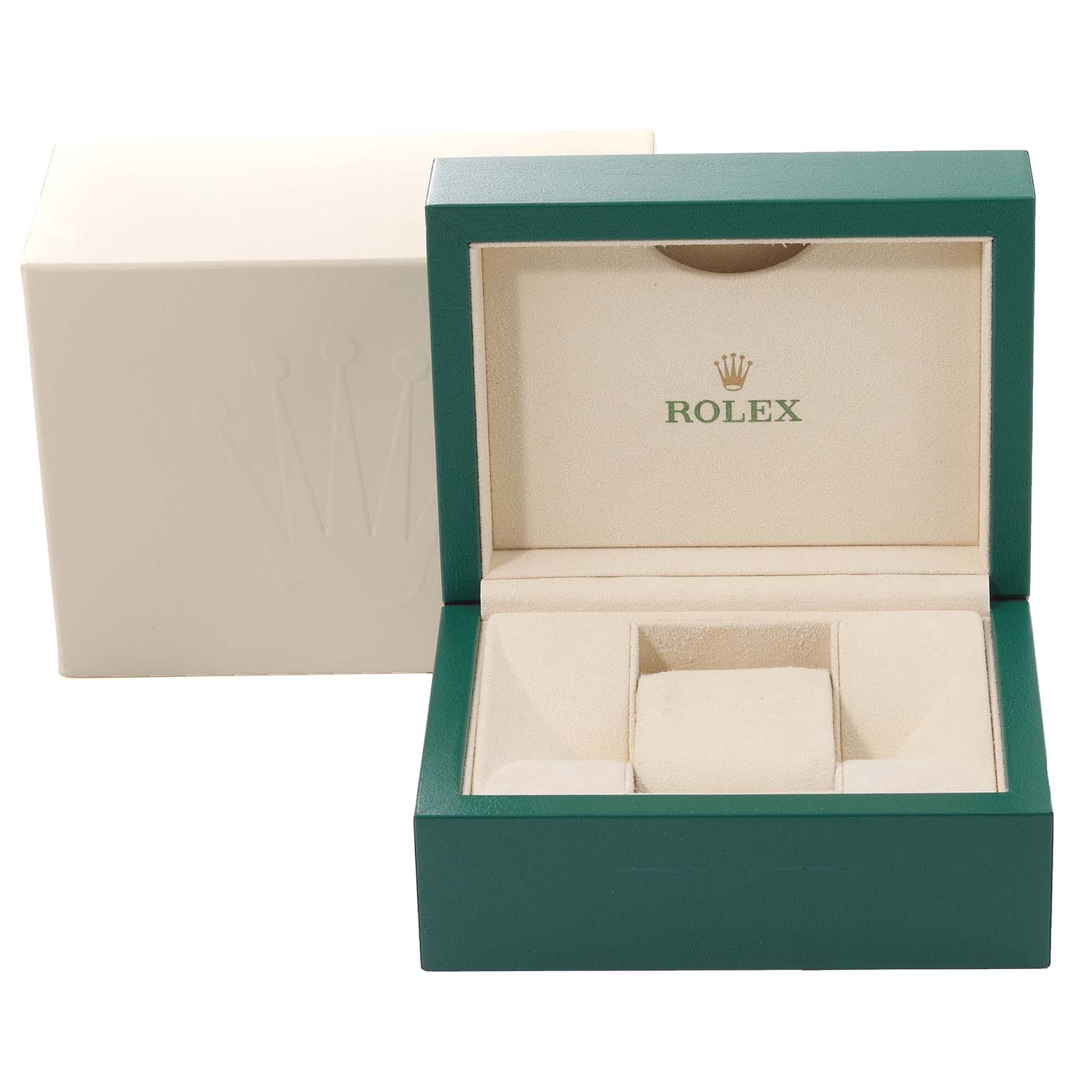 A Rolex Datejust 41 126300 Men
s Stainless Steel Black Dial 126300 Men
s Stainless Steel Black Dial watch box, shown open with inner and outer packaging visible in a front angle view.